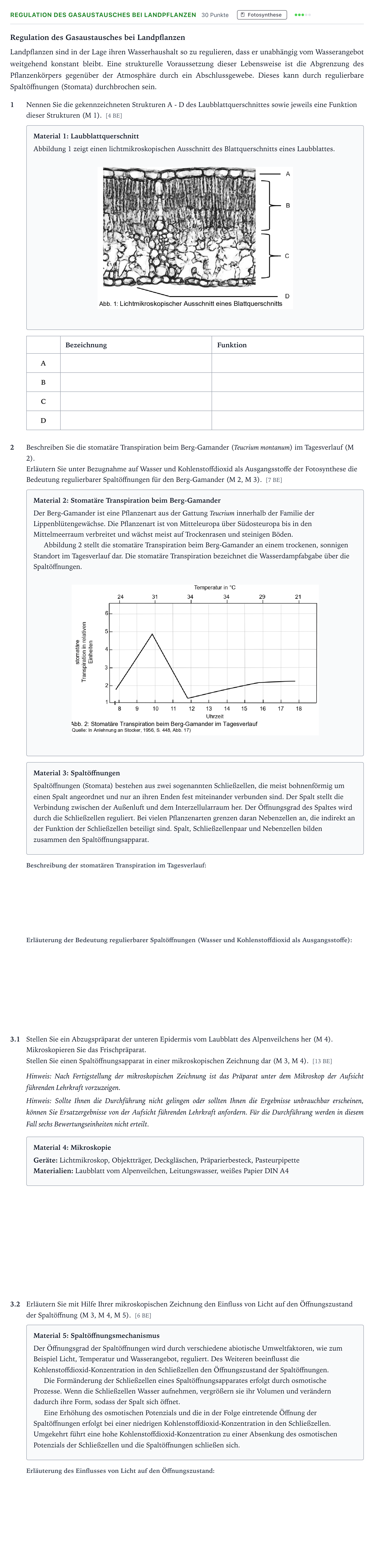 Aufgabenstellung: Aufgabe Regulation des Gasaustausches bei Landpflanzen · Abitur NRW Biologie GK · Wasserhaushalt-GN 2026