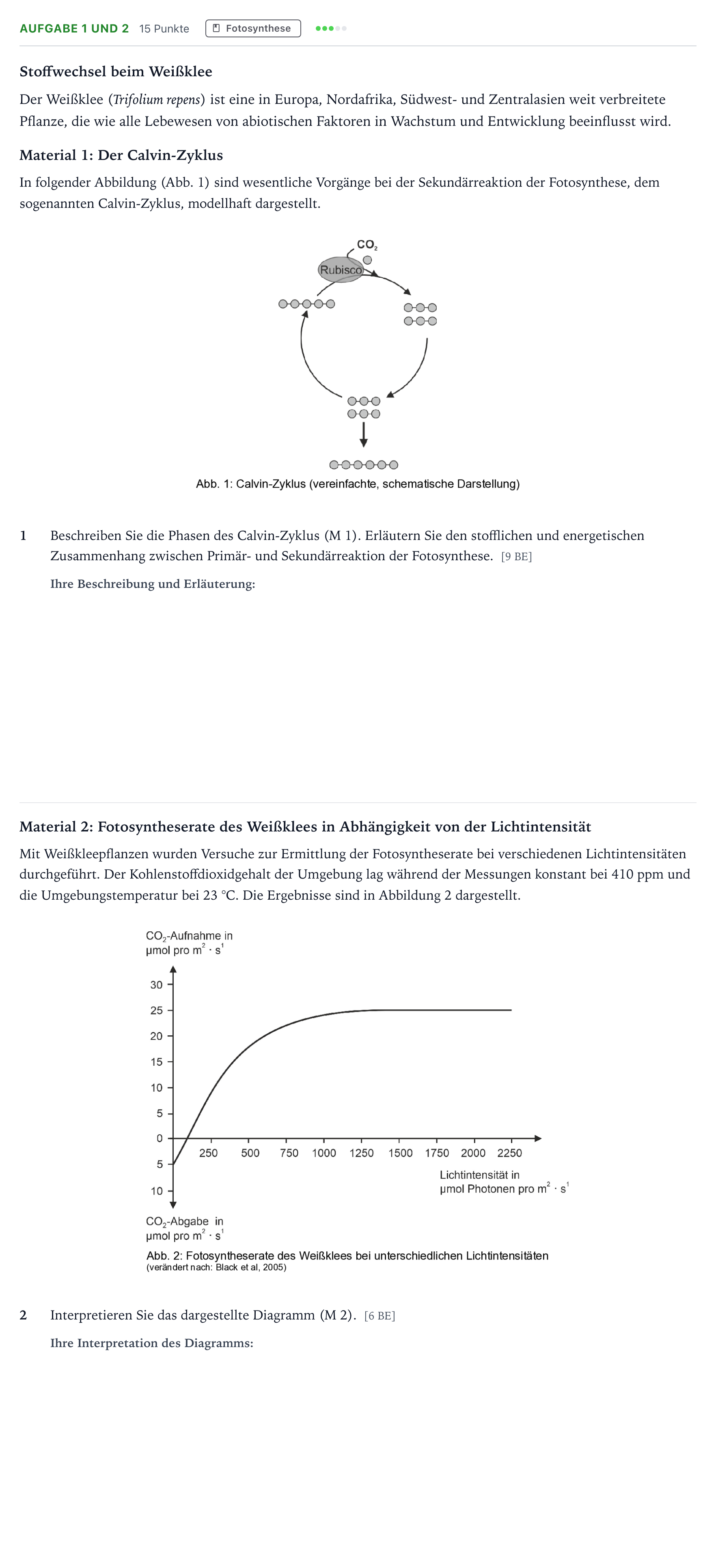 Aufgabenstellung: Aufgabe 1 und 2 - Fotosynthese · Abitur NRW Biologie GK · Weißklee 2025