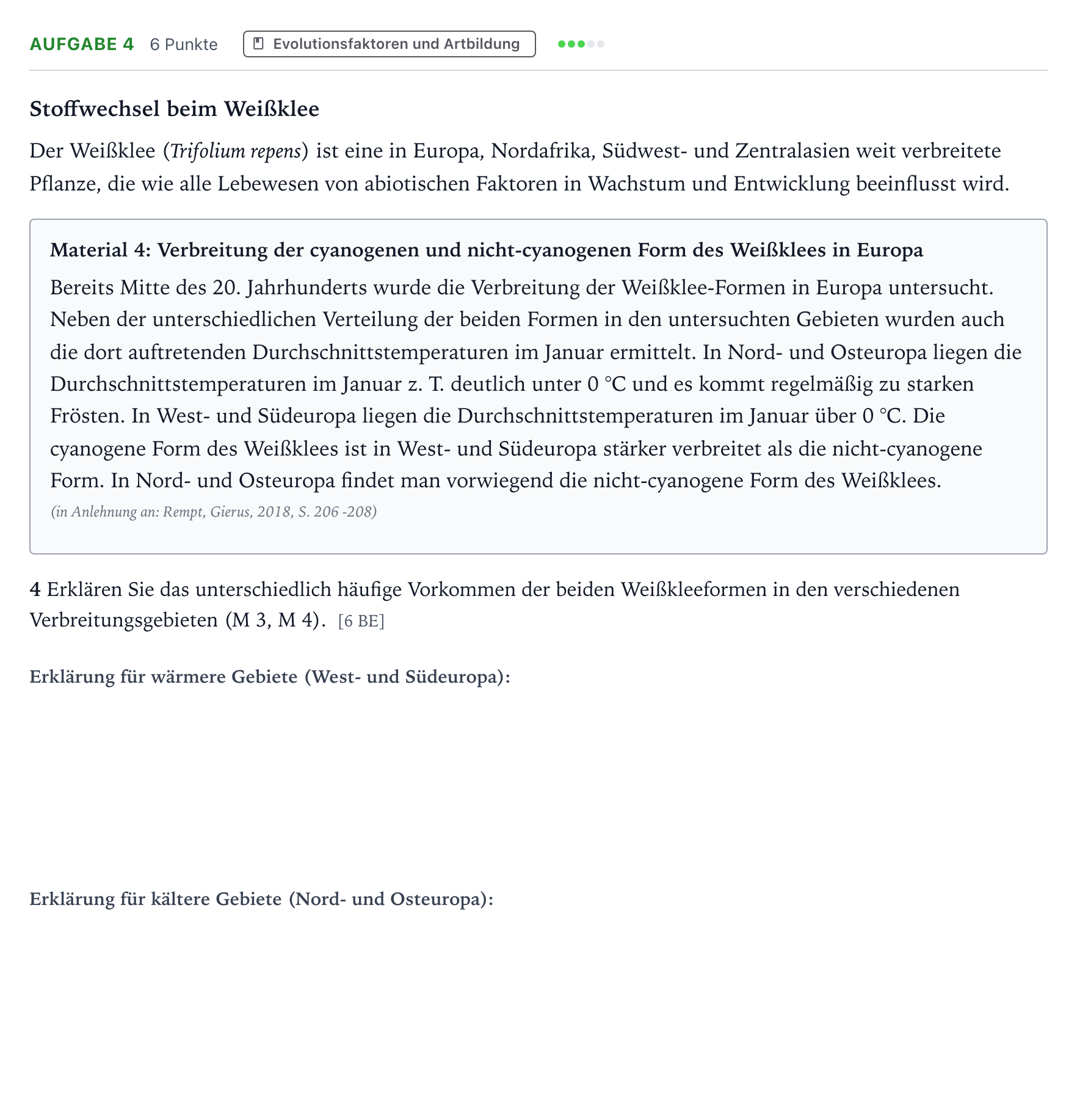 Aufgabenstellung: Aufgabe 4 - Evolutionsfaktoren und Artbildung · Abitur NRW Biologie GK · Weißklee 2025