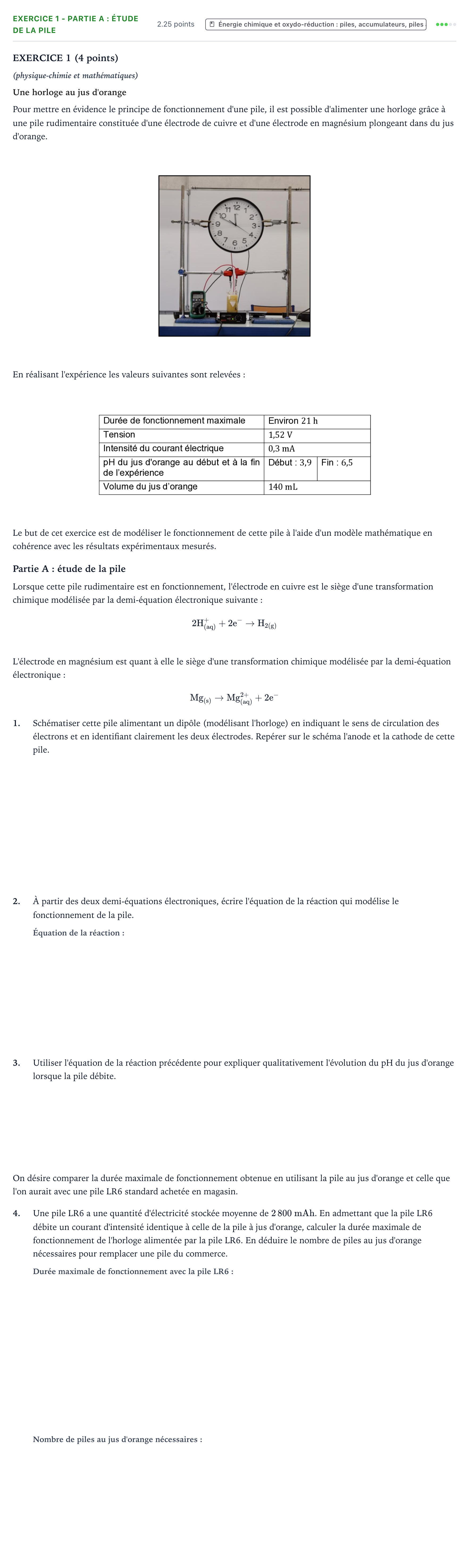 Énoncé: Exercice 1 - Partie A : étude de la pile · Bac STI2D Physique-Chimie et Mathématiques Métropole remplacement 2022