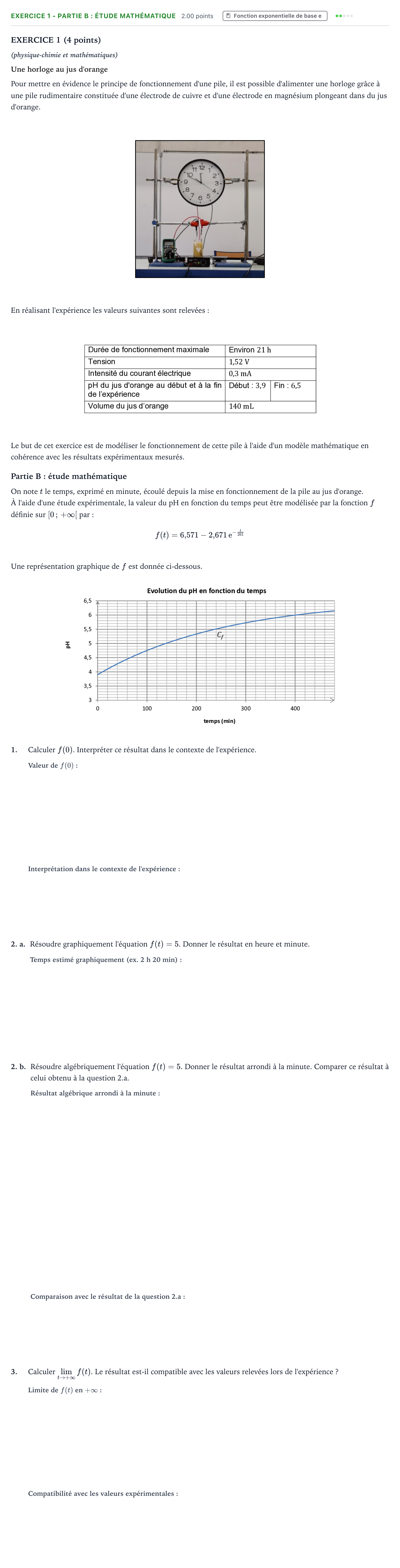 Énoncé: Exercice 1 - Partie B : étude mathématique · Bac STI2D Physique-Chimie et Mathématiques Métropole remplacement 2022