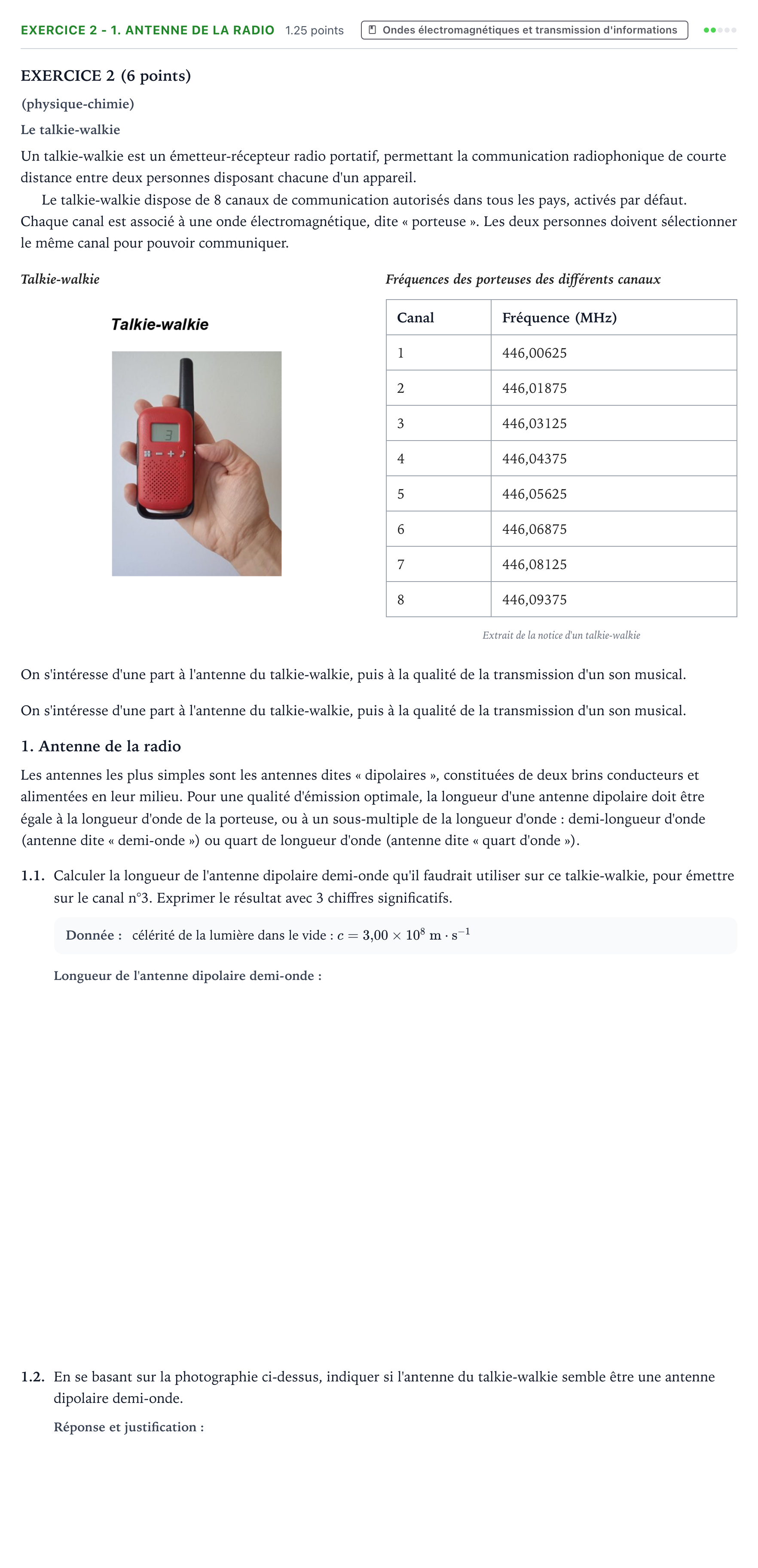 Énoncé: Exercice 2 - 1. Antenne de la radio · Bac STI2D Physique-Chimie et Mathématiques Métropole remplacement 2022