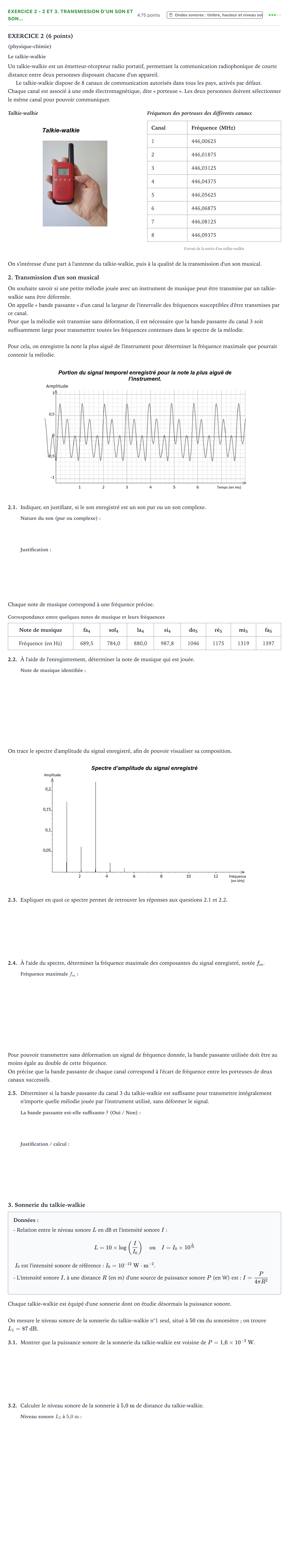 Énoncé: Exercice 2 - 2 et 3. Transmission d'un son et son… · Bac STI2D Physique-Chimie et Mathématiques Métropole remplacement 2022