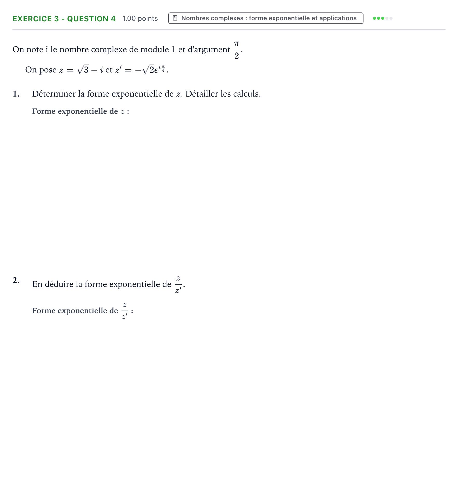 Énoncé: Exercice 3 - Question 4 · Bac STI2D Physique-Chimie et Mathématiques Métropole remplacement 2022