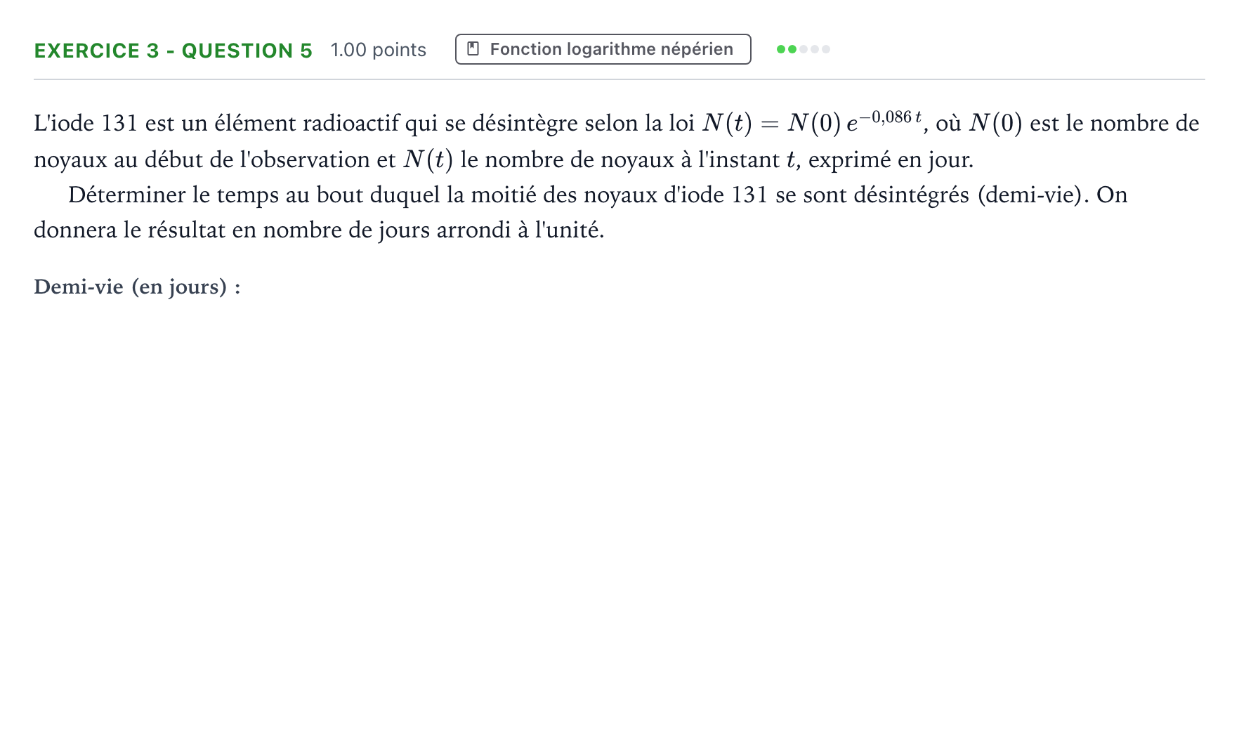 Énoncé: Exercice 3 - Question 5 · Bac STI2D Physique-Chimie et Mathématiques Métropole remplacement 2022