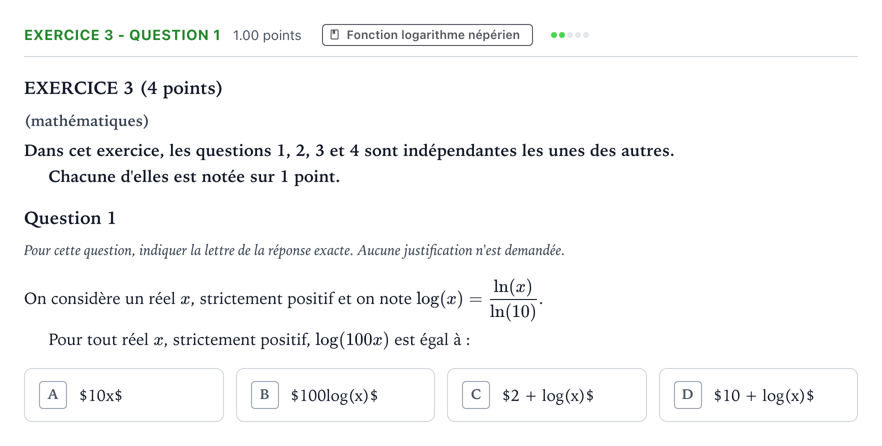 Énoncé: Exercice 3 - Question 1 · Bac STI2D Physique-Chimie et Mathématiques Métropole remplacement 2023