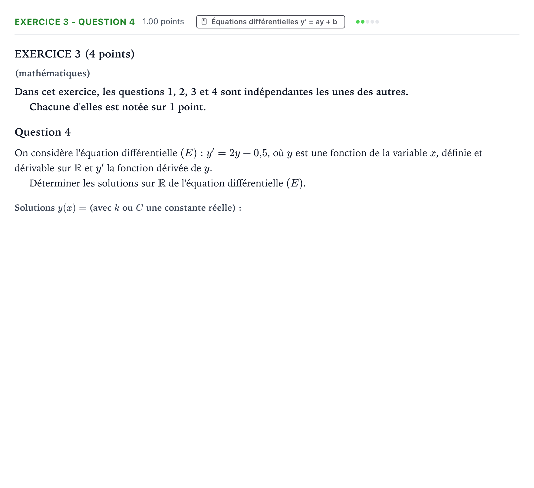 Énoncé: Exercice 3 - Question 4 · Bac STI2D Physique-Chimie et Mathématiques Métropole remplacement 2023