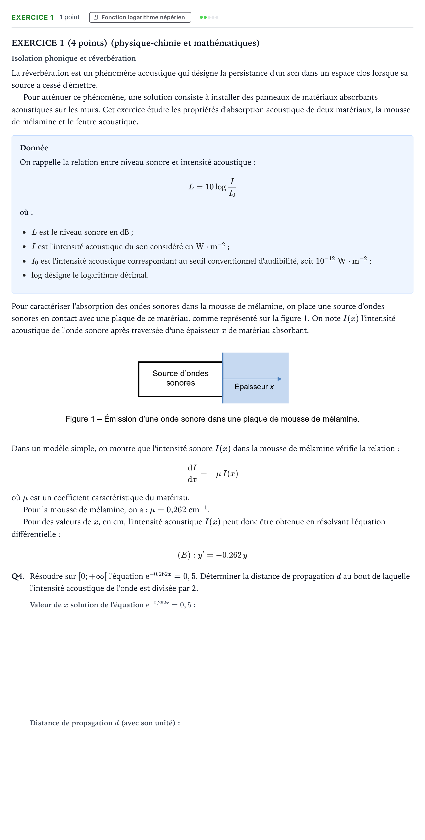 Énoncé: Exercice 1 - Fonction logarithme népérien · Bac STI2D Physique-Chimie et Mathématiques Métropole remplacement 2024