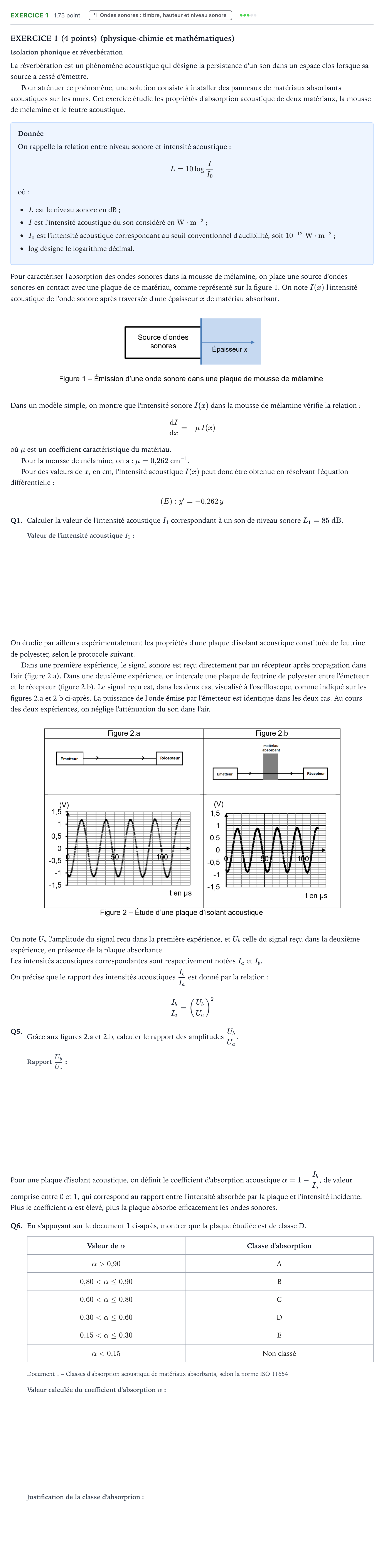 Énoncé: Exercice 1 - Ondes sonores · Bac STI2D Physique-Chimie et Mathématiques Métropole remplacement 2024