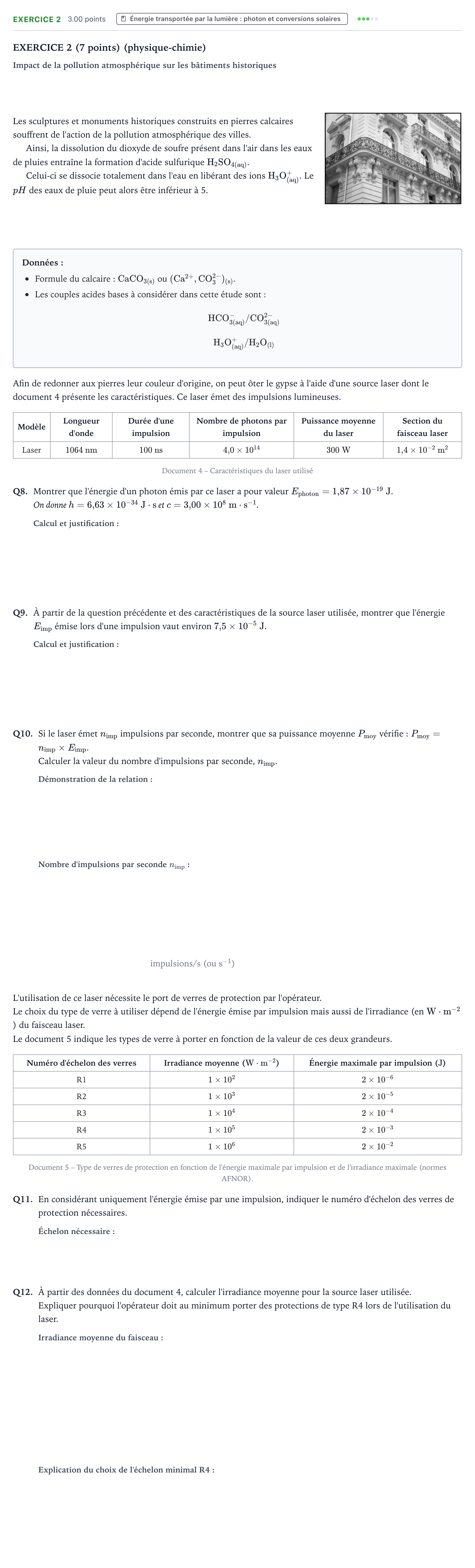 Énoncé: Exercice 2 - Énergie transportée par la lumière · Bac STI2D Physique-Chimie et Mathématiques Métropole remplacement 2024