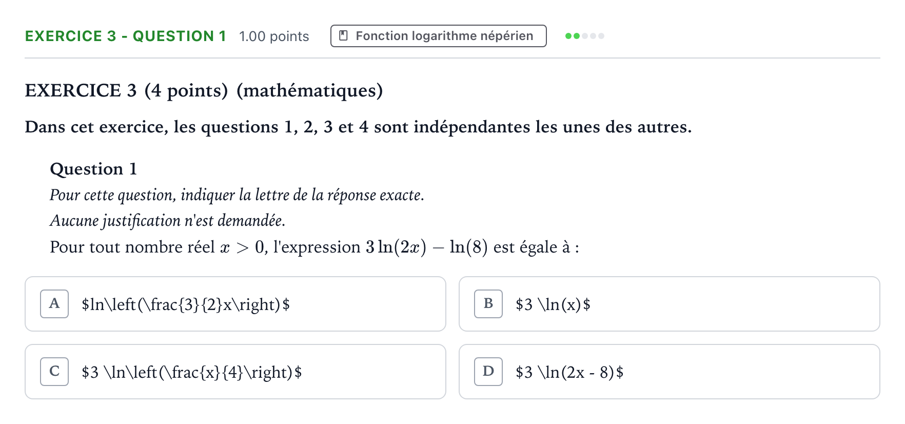 Énoncé: Exercice 3 - Question 1 · Bac STI2D Physique-Chimie et Mathématiques Métropole remplacement 2024