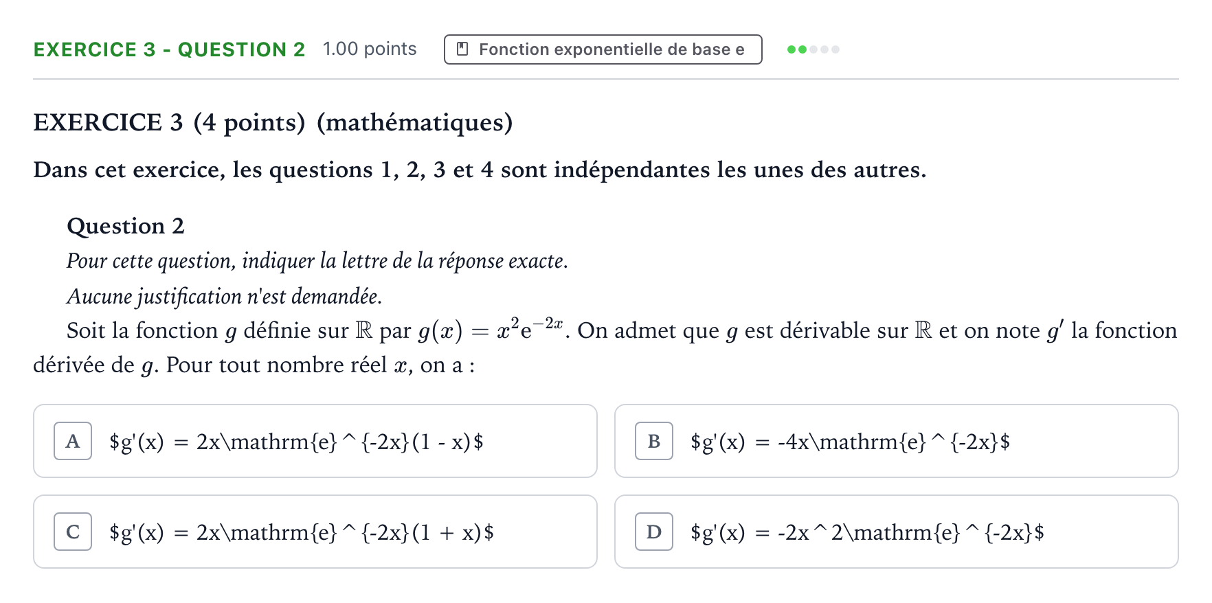Énoncé: Exercice 3 - Question 2 · Bac STI2D Physique-Chimie et Mathématiques Métropole remplacement 2024