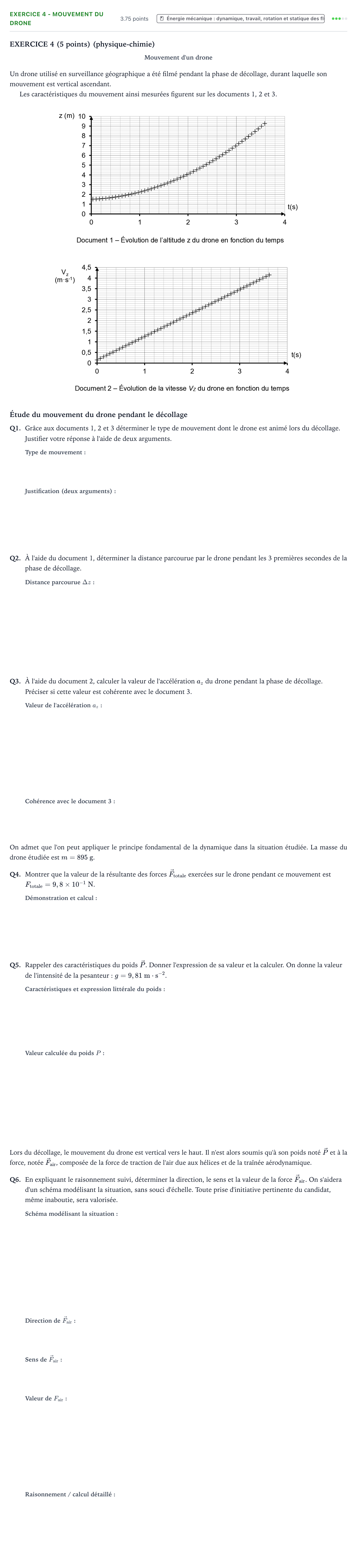 Énoncé: Exercice 4 - Mouvement du drone · Bac STI2D Physique-Chimie et Mathématiques Métropole remplacement 2024