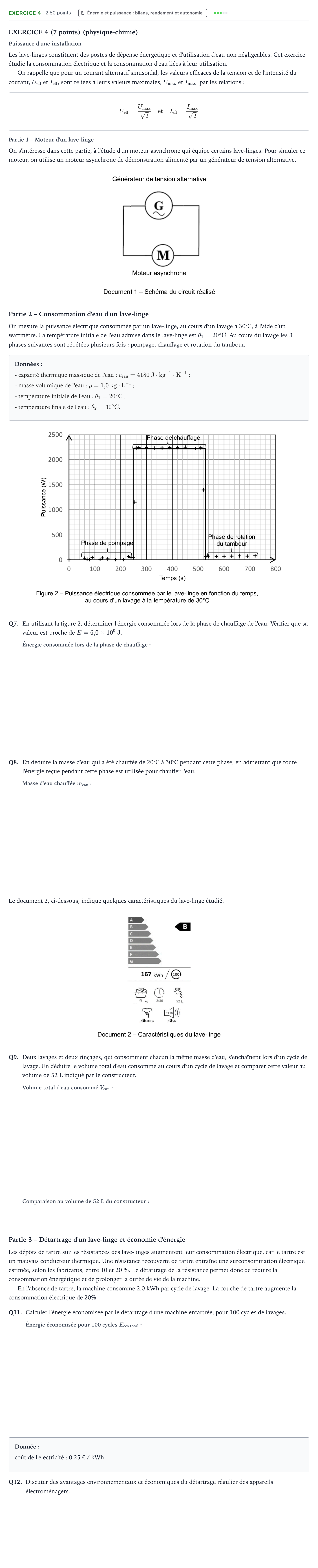Énoncé: Exercice 4 - Énergie et puissance · Bac STI2D Physique-Chimie et Mathématiques Métropole remplacement 2025