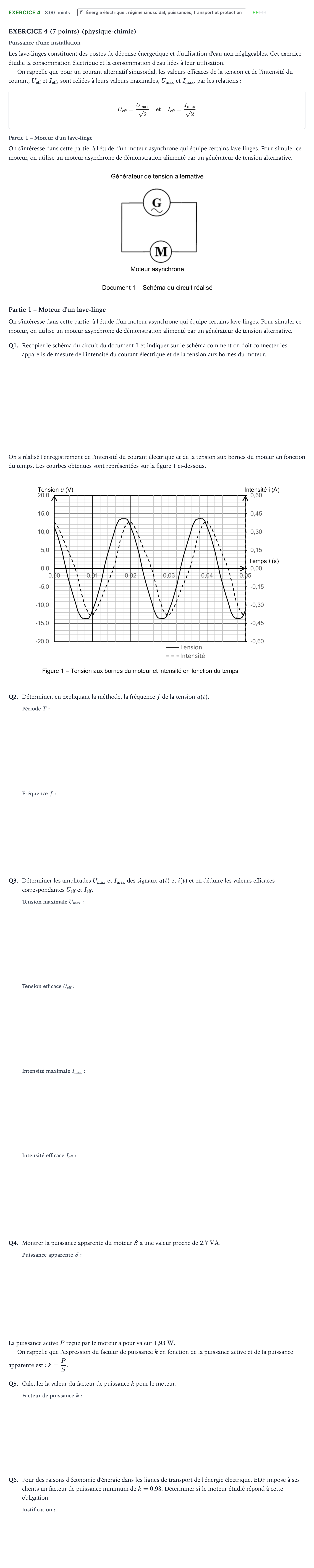Énoncé: Exercice 4 - Énergie électrique · Bac STI2D Physique-Chimie et Mathématiques Métropole remplacement 2025