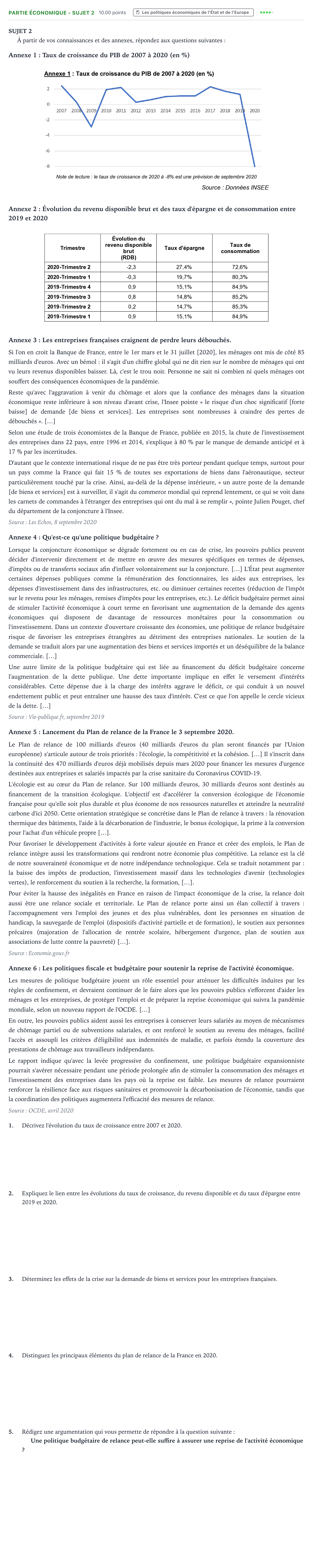 Énoncé: Partie économique - Sujet 2 · Bac STMG Droit et Économie Métropole remplacement 2021