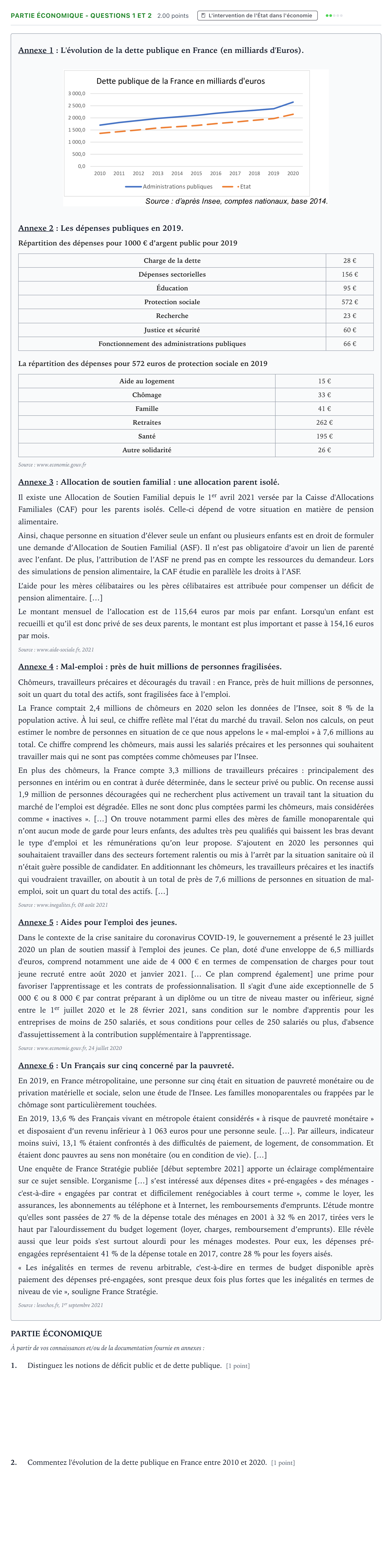 Énoncé: Partie économique - Questions 1 et 2 · Bac STMG Droit et Économie Métropole remplacement 2022