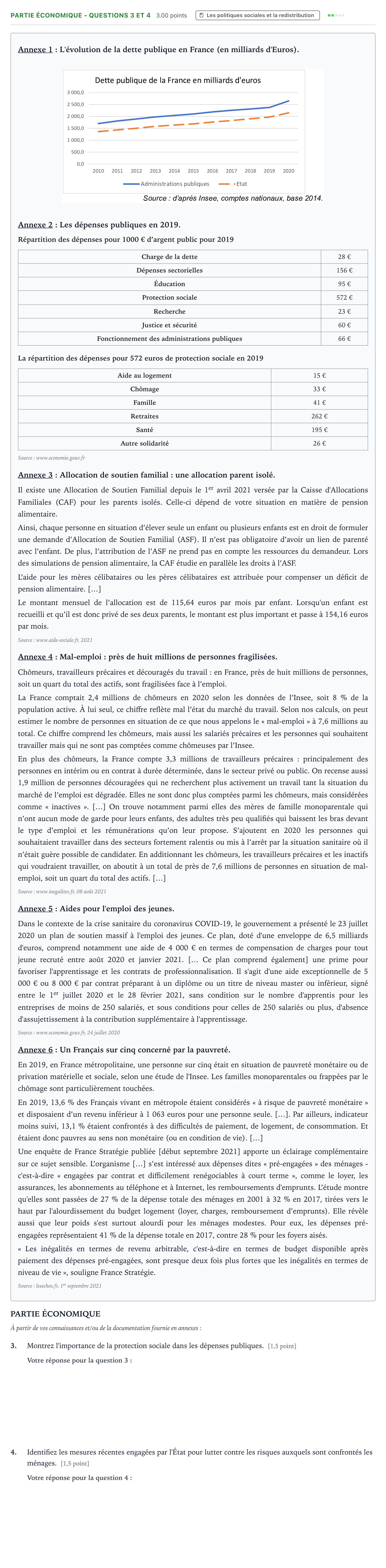 Énoncé: Partie économique - Questions 3 et 4 · Bac STMG Droit et Économie Métropole remplacement 2022