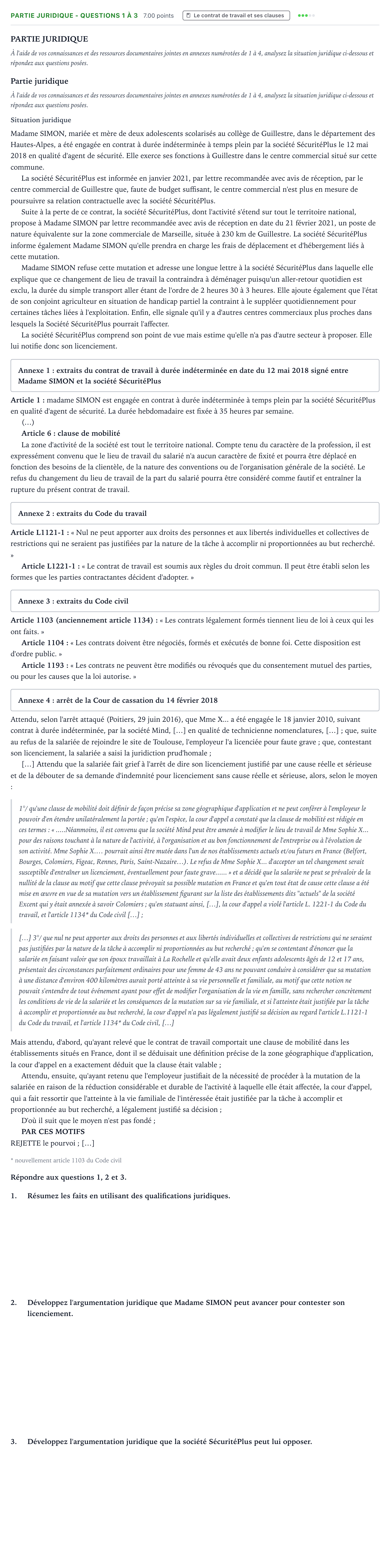 Énoncé: Partie juridique - Questions 1 à 3 · Bac STMG Droit et Économie Métropole remplacement 2022
