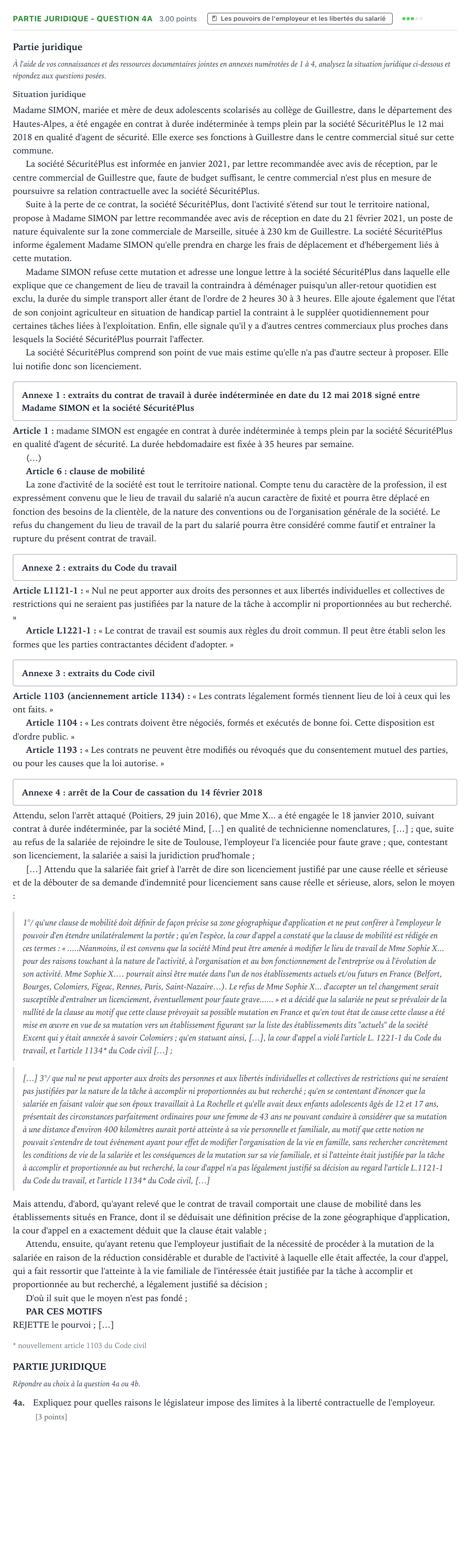 Énoncé: Partie juridique - Question 4a · Bac STMG Droit et Économie Métropole remplacement 2022