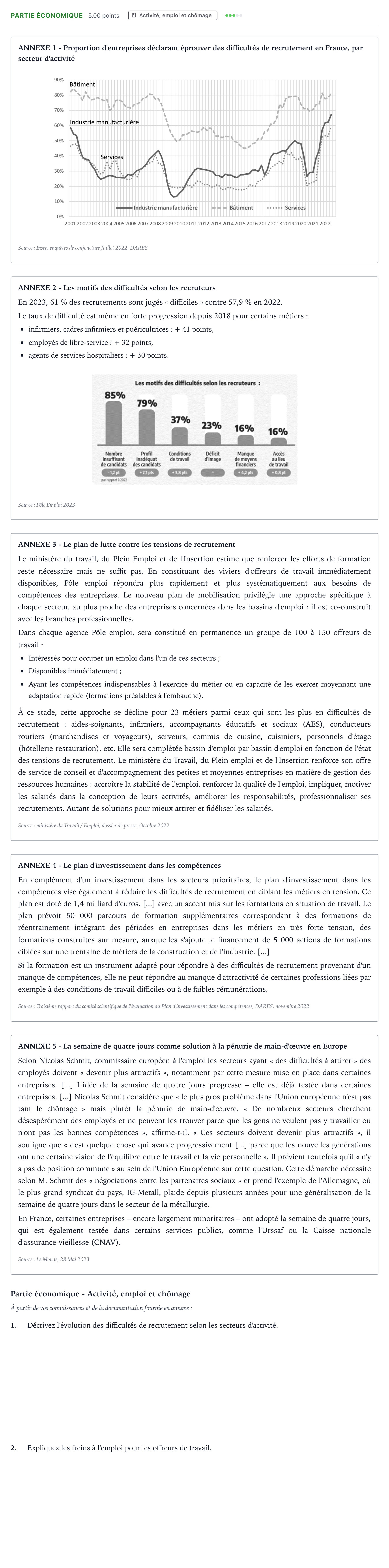 Énoncé: Partie économique - Activité, emploi et chômage · Bac STMG Droit et Économie Métropole remplacement 2024