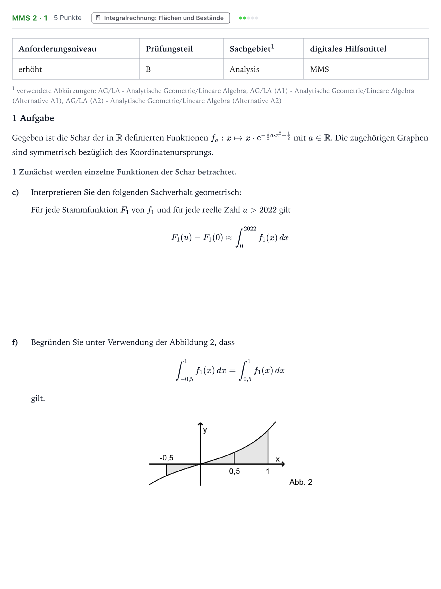 Aufgabenstellung: Aufgabe MMS 2 · 1 - Integralrechnung: Flächen und Bestände · Abitur NRW Mathematik LK · Teil B · Analysis (CAS) 2022