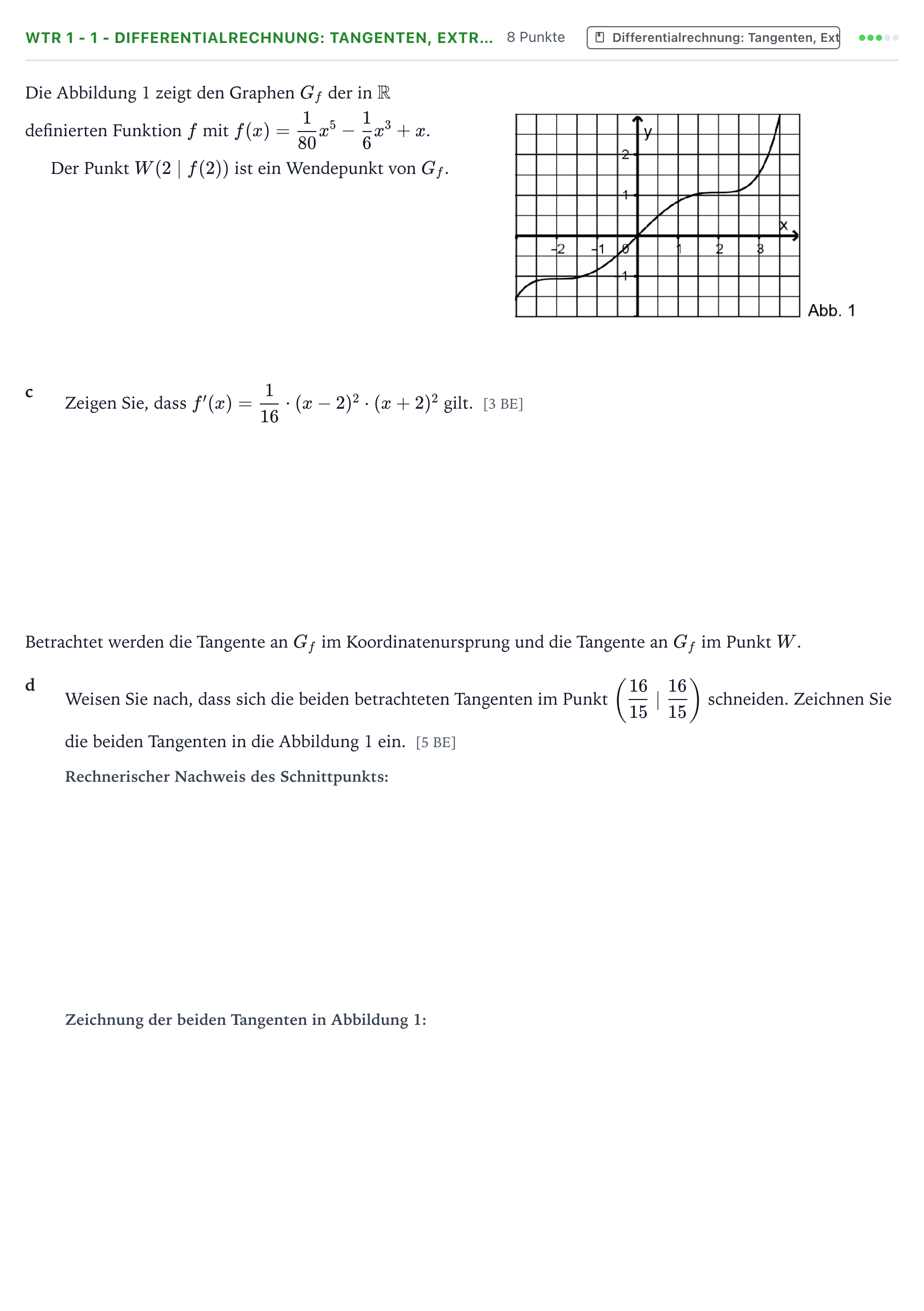 Aufgabenstellung: Aufgabe WTR 1 - 1 - Differentialrechnung: Tangenten, Extr… · Abitur NRW Mathematik GK · Teil B · Analysis (WTR) 2022