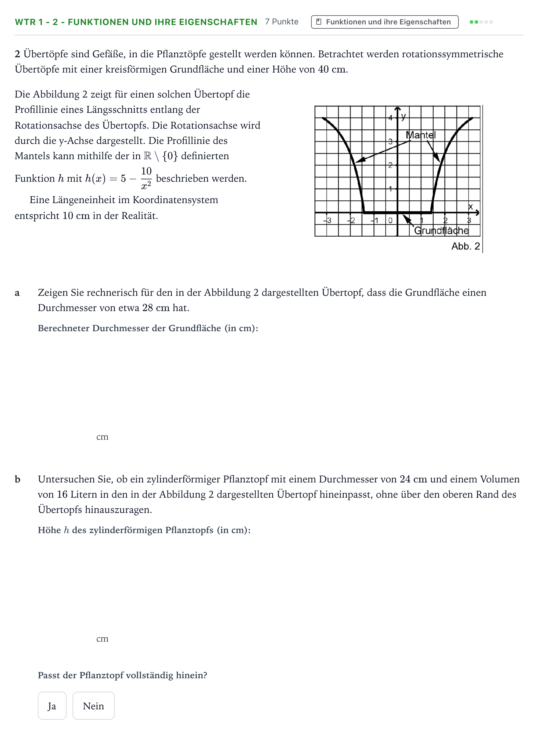 Aufgabenstellung: Aufgabe WTR 1 - 2 - Funktionen und ihre Eigenschaften · Abitur NRW Mathematik GK · Teil B · Analysis (WTR) 2022