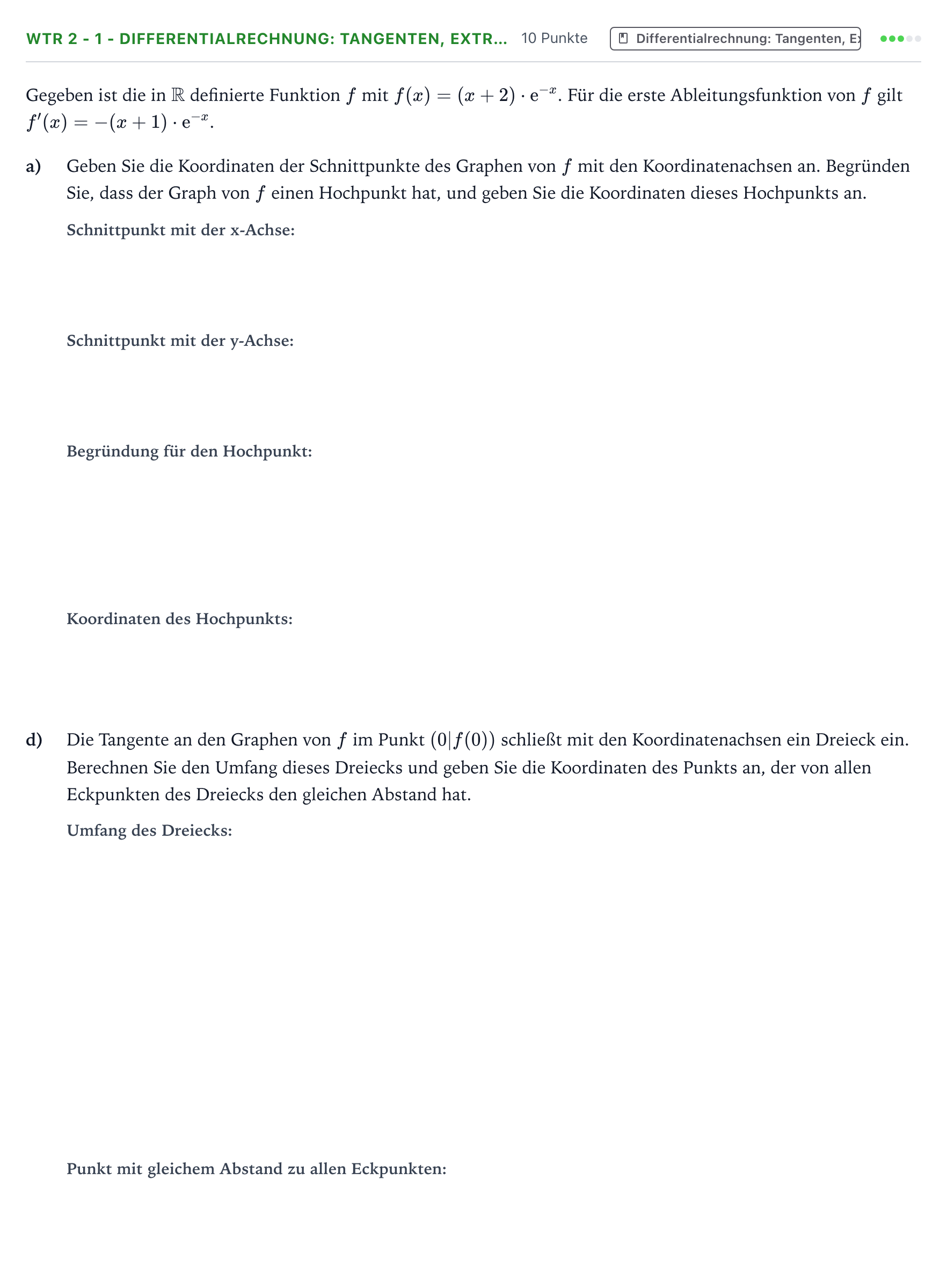 Aufgabenstellung: Aufgabe WTR 2 - 1 - Differentialrechnung: Tangenten, Extr… · Abitur NRW Mathematik GK · Teil B · Analysis (WTR) 2022