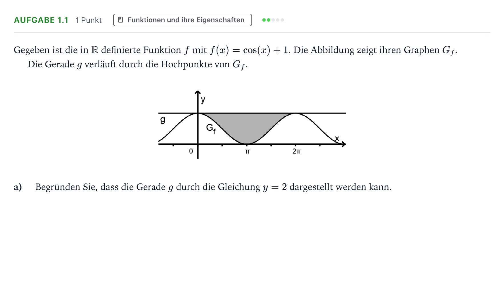 Aufgabenstellung: Aufgabe 1.1 - Funktionen und ihre Eigenschaften · Abitur NRW Mathematik GK · Teil A · Analysis 2022
