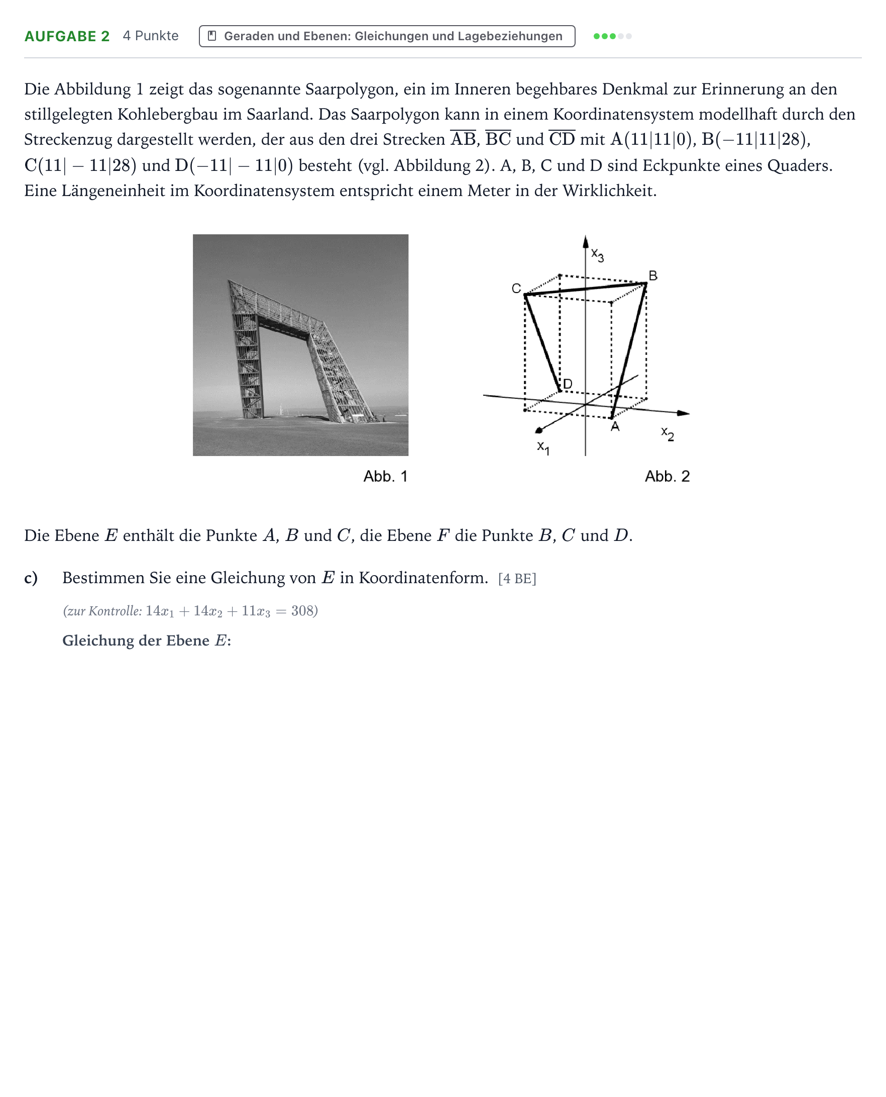 Aufgabenstellung: Aufgabe 2 - Geraden und Ebenen: Gleichungen und L… · Abitur NRW Mathematik LK · Teil B · Analytische Geometrie (WTR 2022