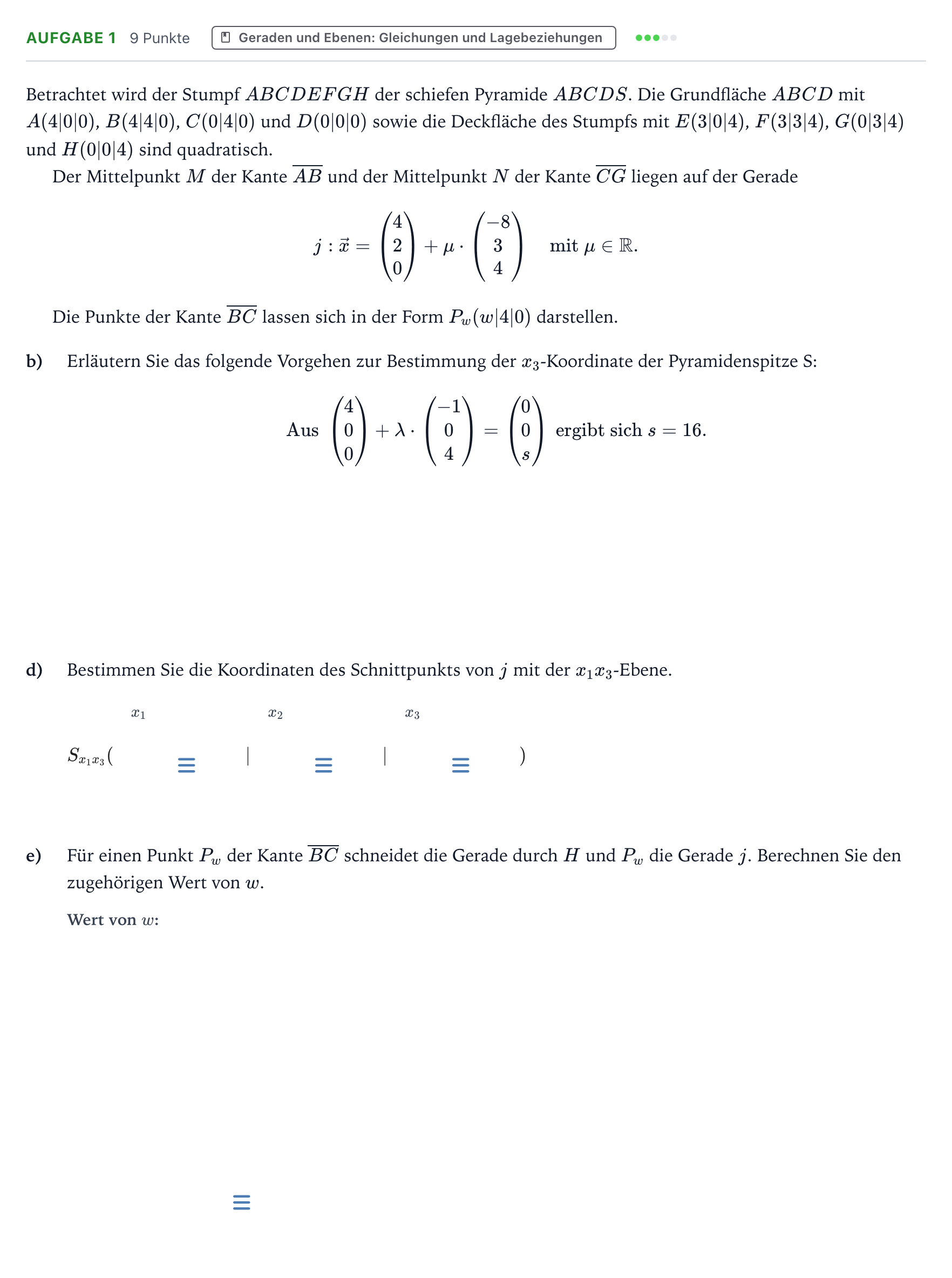 Aufgabenstellung: Aufgabe 1 - Geraden und Ebenen: Gleichungen und Lagebezie… · Abitur NRW Mathematik GK · Teil B · Analytische Geometrie (CAS 2022