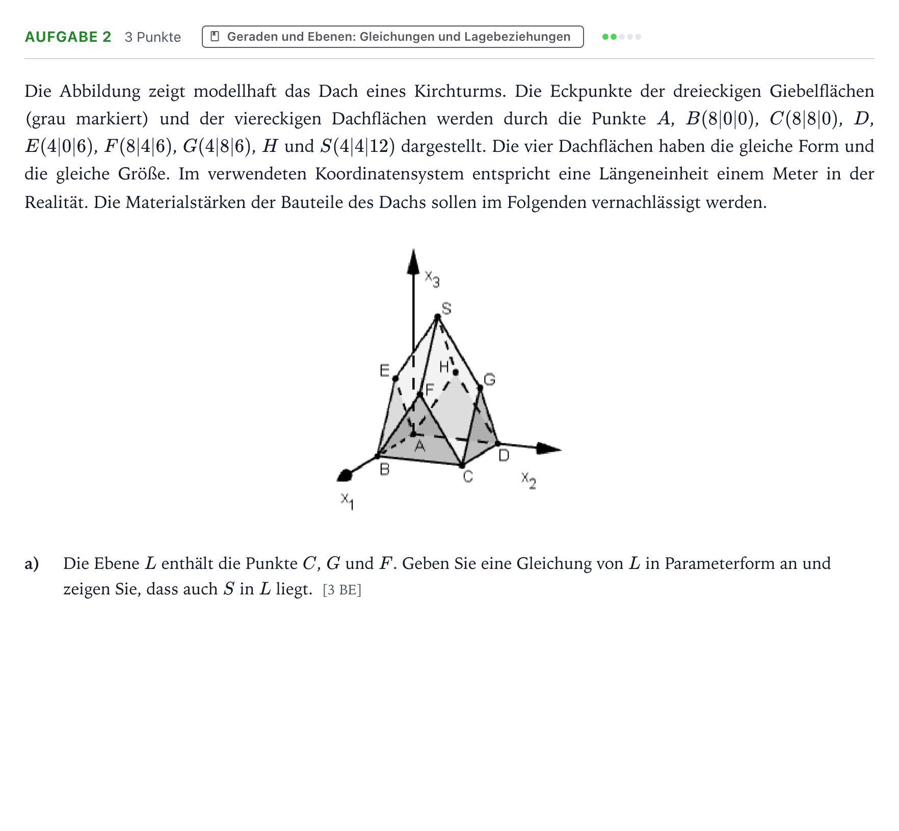 Aufgabenstellung: Aufgabe 2 - Geraden und Ebenen: Gleichungen und Lagebezie… · Abitur NRW Mathematik GK · Teil B · Analytische Geometrie (CAS 2022