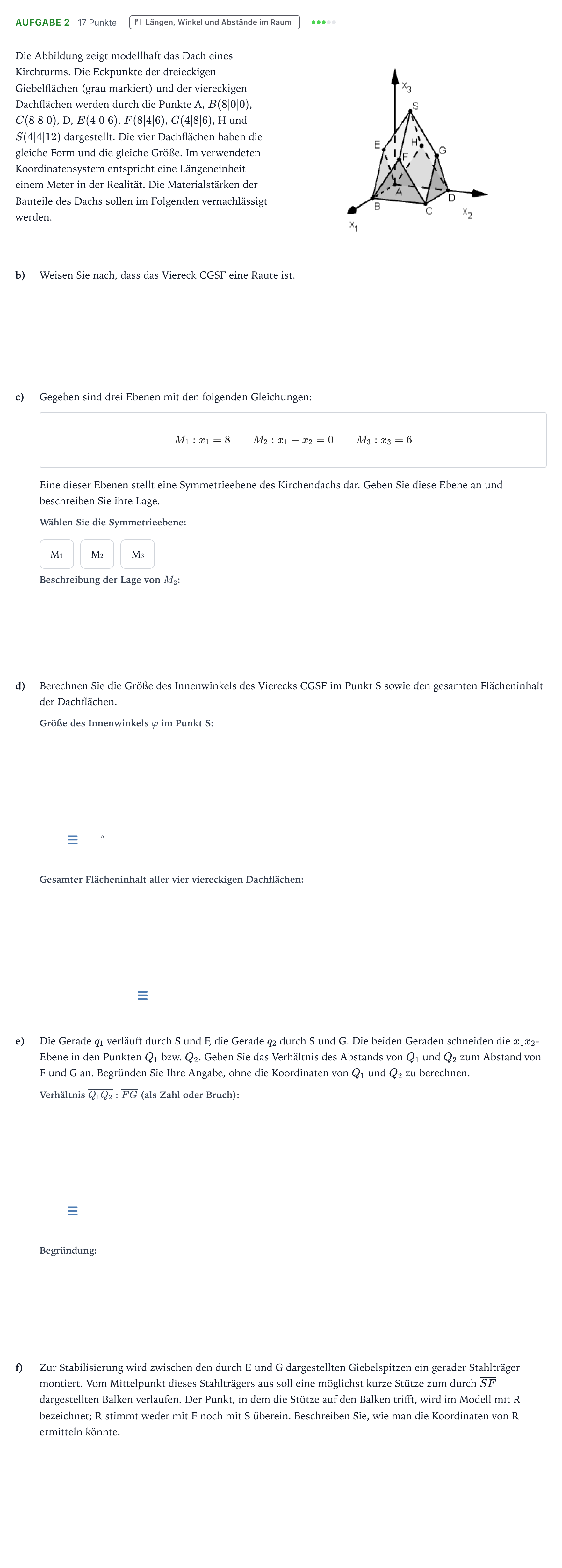 Aufgabenstellung: Aufgabe 2 - Längen, Winkel und Abstände im Raum · Abitur NRW Mathematik GK · Teil B · Analytische Geometrie (WTR 2022