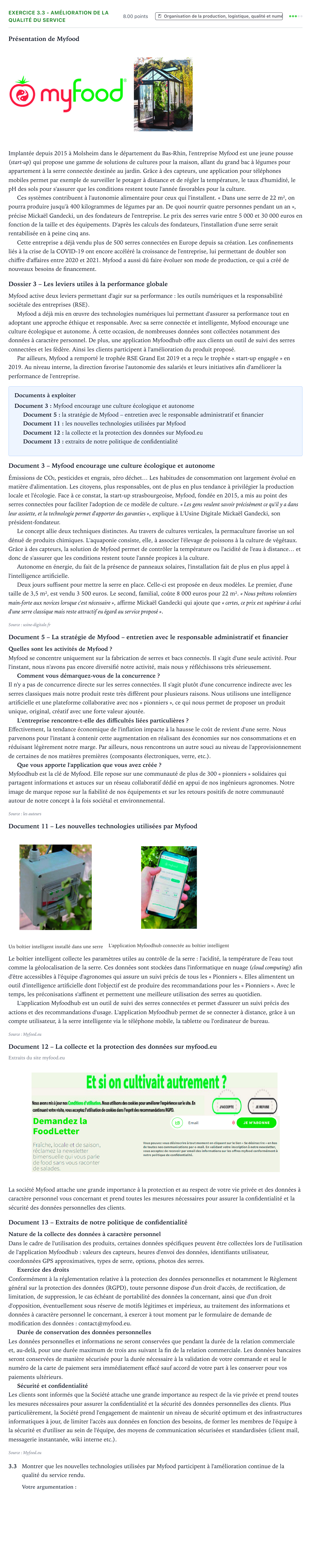 Énoncé: Exercice 3.3 - Amélioration de la qualité du service · Bac STMG Management des Sciences de Gestion et du Numérique Métropole remplacement 2023