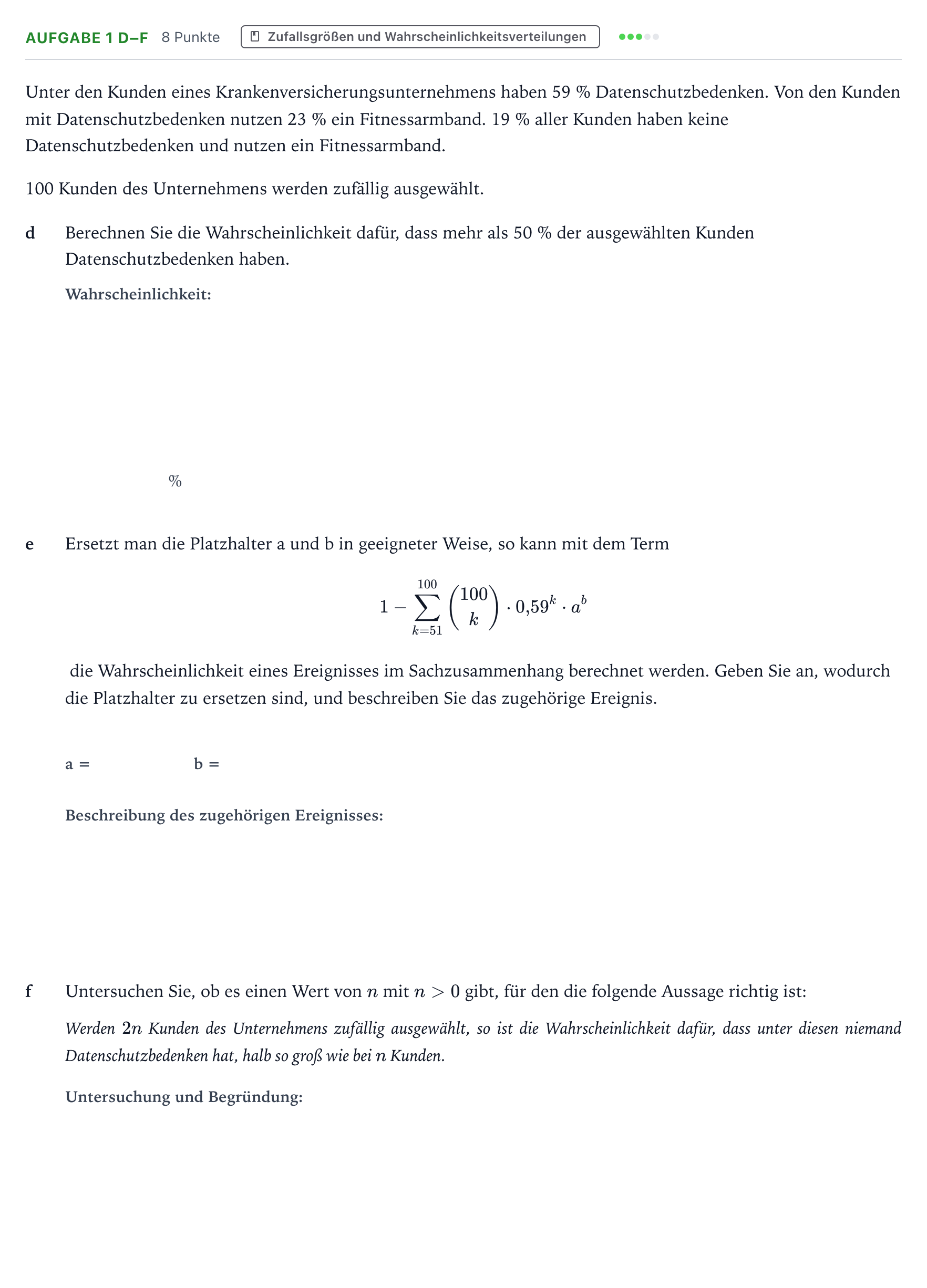 Aufgabenstellung: Aufgabe 1 d–f · Abitur NRW Mathematik LK · Teil B · Stochastik (CAS) 2022