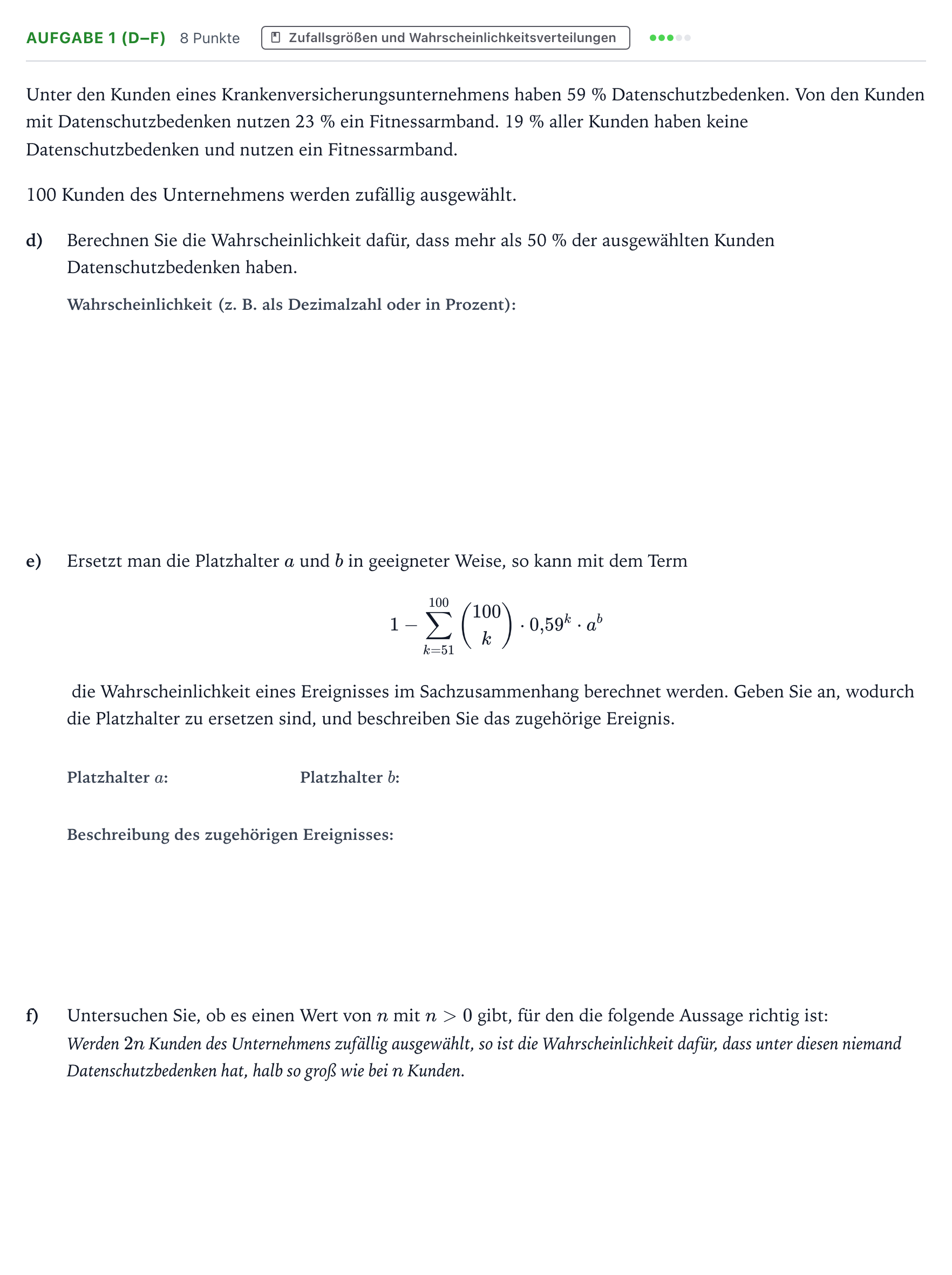 Aufgabenstellung: Aufgabe 1 (d–f) - Zufallsgrößen und Wahrscheinlic… · Abitur NRW Mathematik LK · Teil B · Stochastik (WTR) 2022