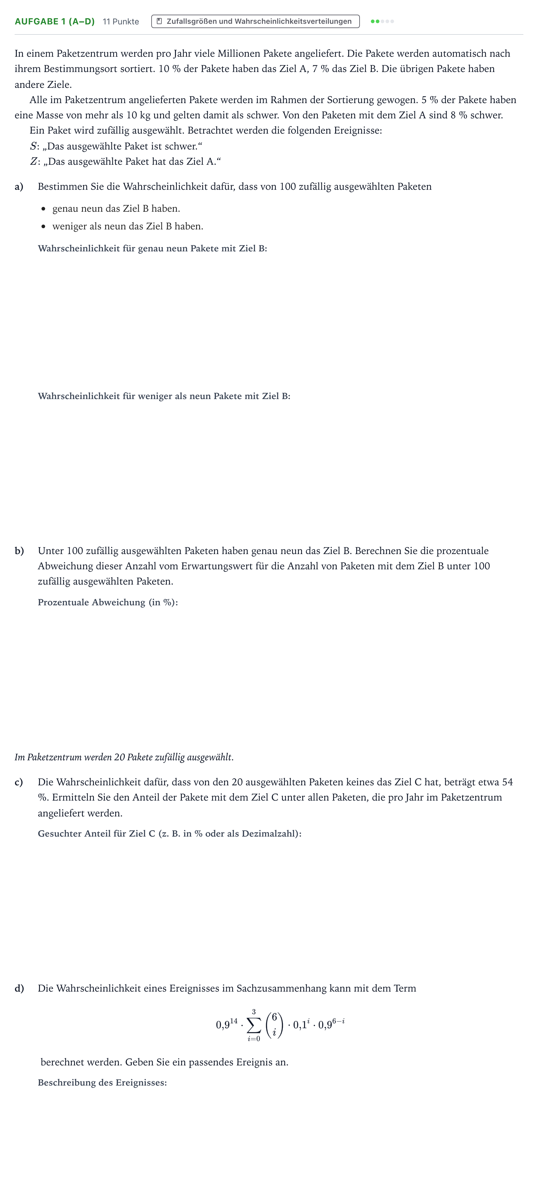Aufgabenstellung: Aufgabe 1 (a–d) - Zufallsgrößen und Wahrscheinlic… · Abitur NRW Mathematik GK · Teil B · Stochastik (CAS) 2022