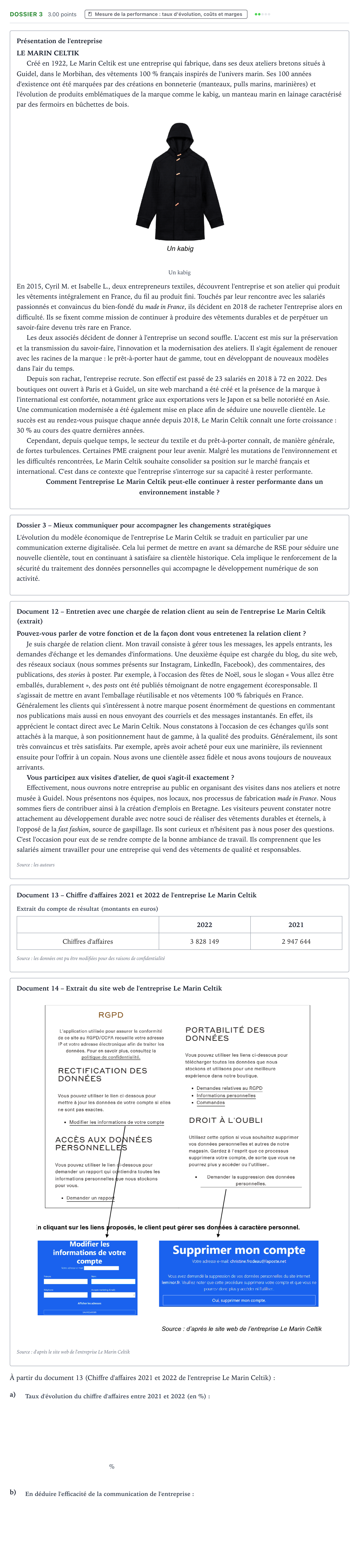 Énoncé: Exercice Dossier 3 - Mesure de la performance · Bac STMG Management des Sciences de Gestion et du Numérique Métropole Candidat libre 2024
