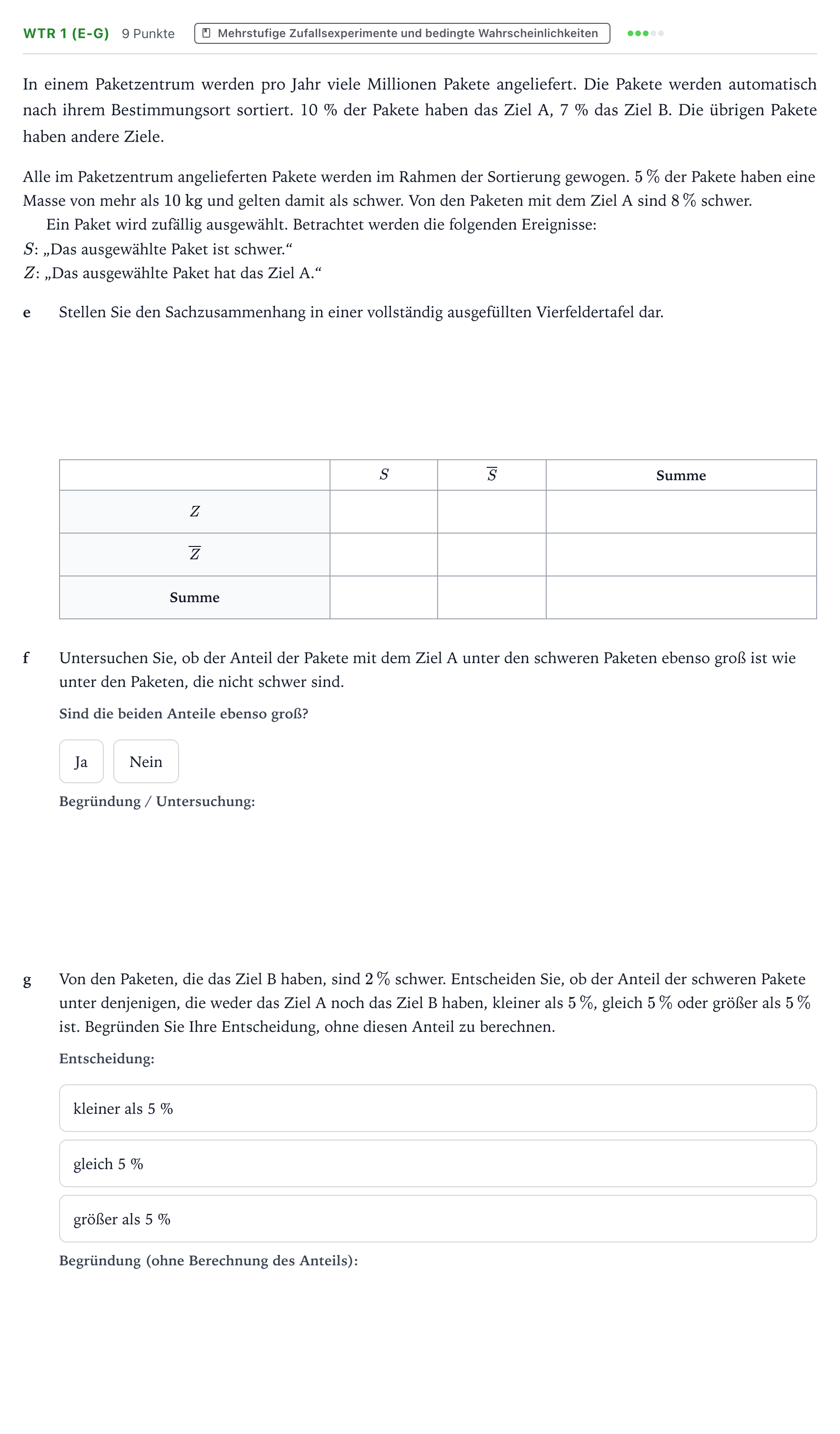 Aufgabenstellung: Aufgabe WTR 1 (e-g) · Abitur NRW Mathematik GK · Teil B · Stochastik (WTR) 2022