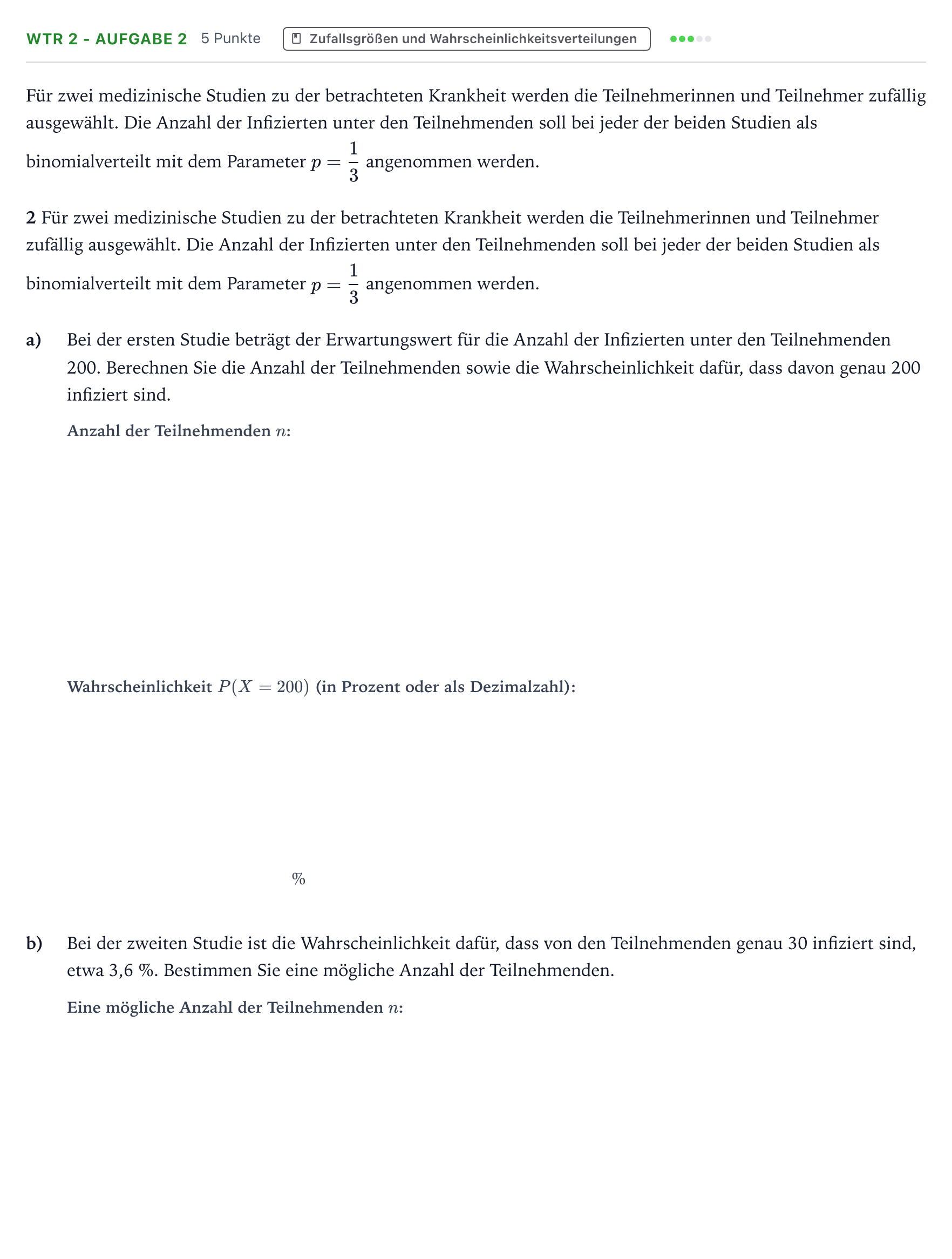 Aufgabenstellung: Aufgabe WTR 2 - Aufgabe 2 · Abitur NRW Mathematik GK · Teil B · Stochastik (WTR) 2022