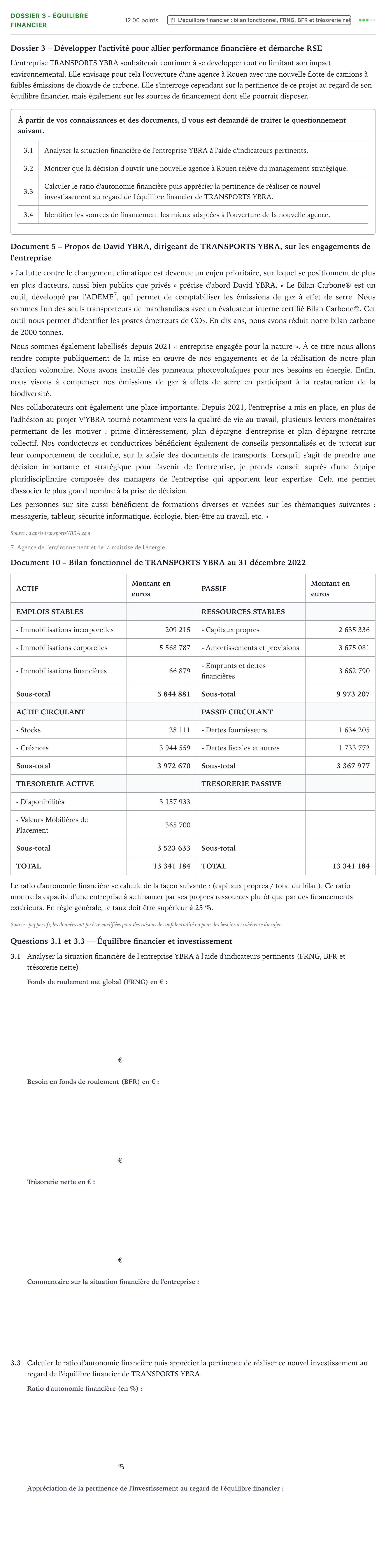 Énoncé: Exercice Dossier 3 - Équilibre financier · Bac STMG Management des Sciences de Gestion et du Numérique Métropole remplacement 2024