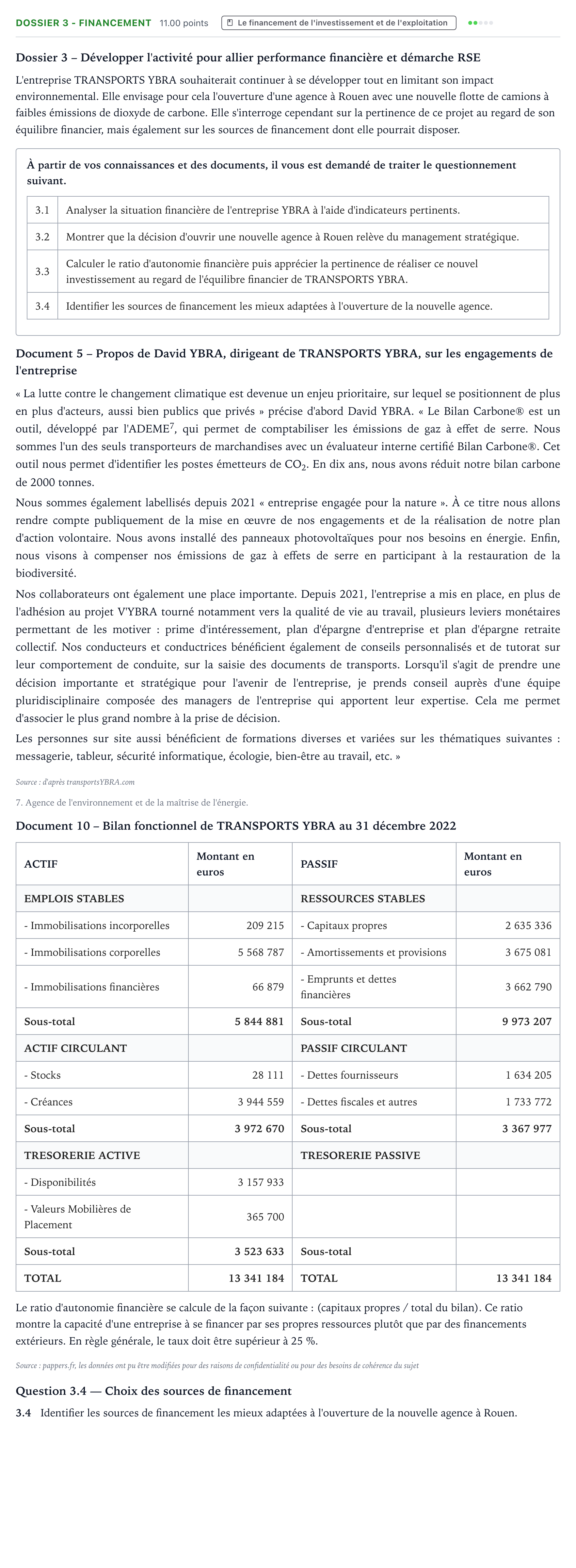 Énoncé: Exercice Dossier 3 - Financement · Bac STMG Management des Sciences de Gestion et du Numérique Métropole remplacement 2024