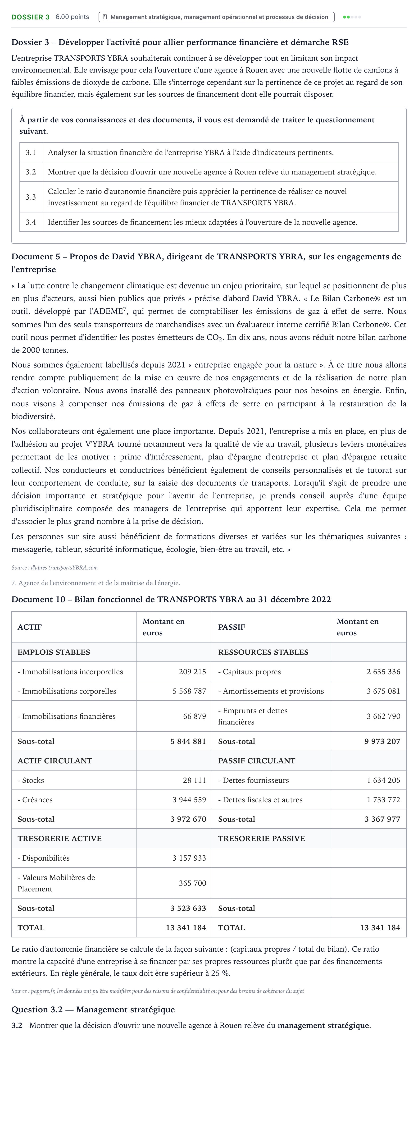Énoncé: Exercice Dossier 3 - Management stratégique · Bac STMG Management des Sciences de Gestion et du Numérique Métropole remplacement 2024