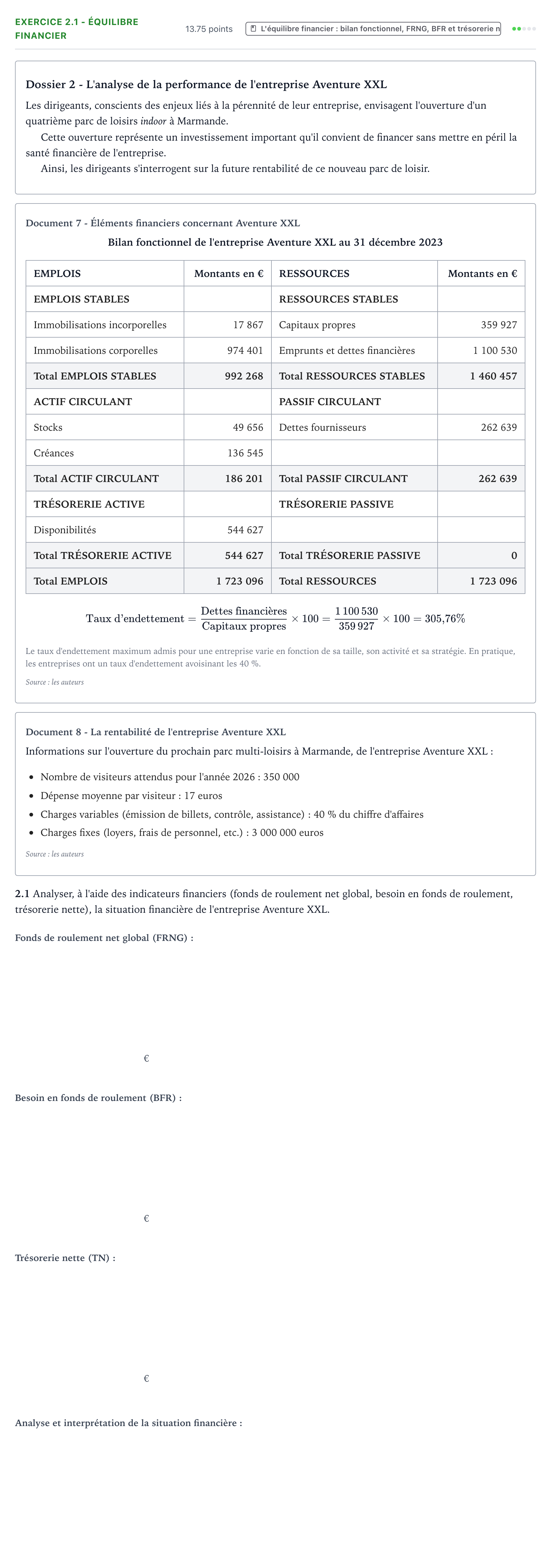 Énoncé: Exercice 2.1 - Équilibre financier · Bac STMG Management des Sciences de Gestion et du Numérique Métropole remplacement 2025