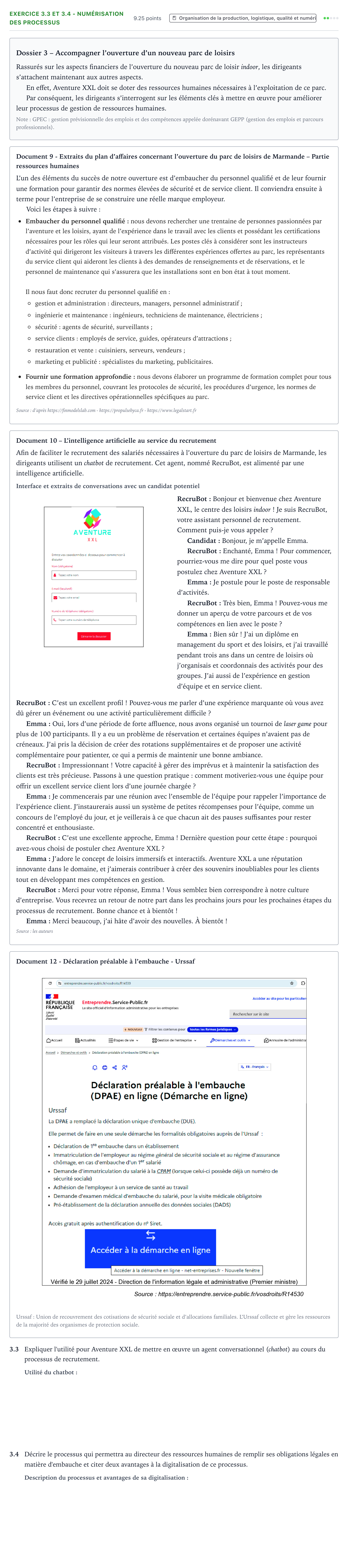 Énoncé: Exercice 3.3 et 3.4 - Numérisation des processus · Bac STMG Management des Sciences de Gestion et du Numérique Métropole remplacement 2025