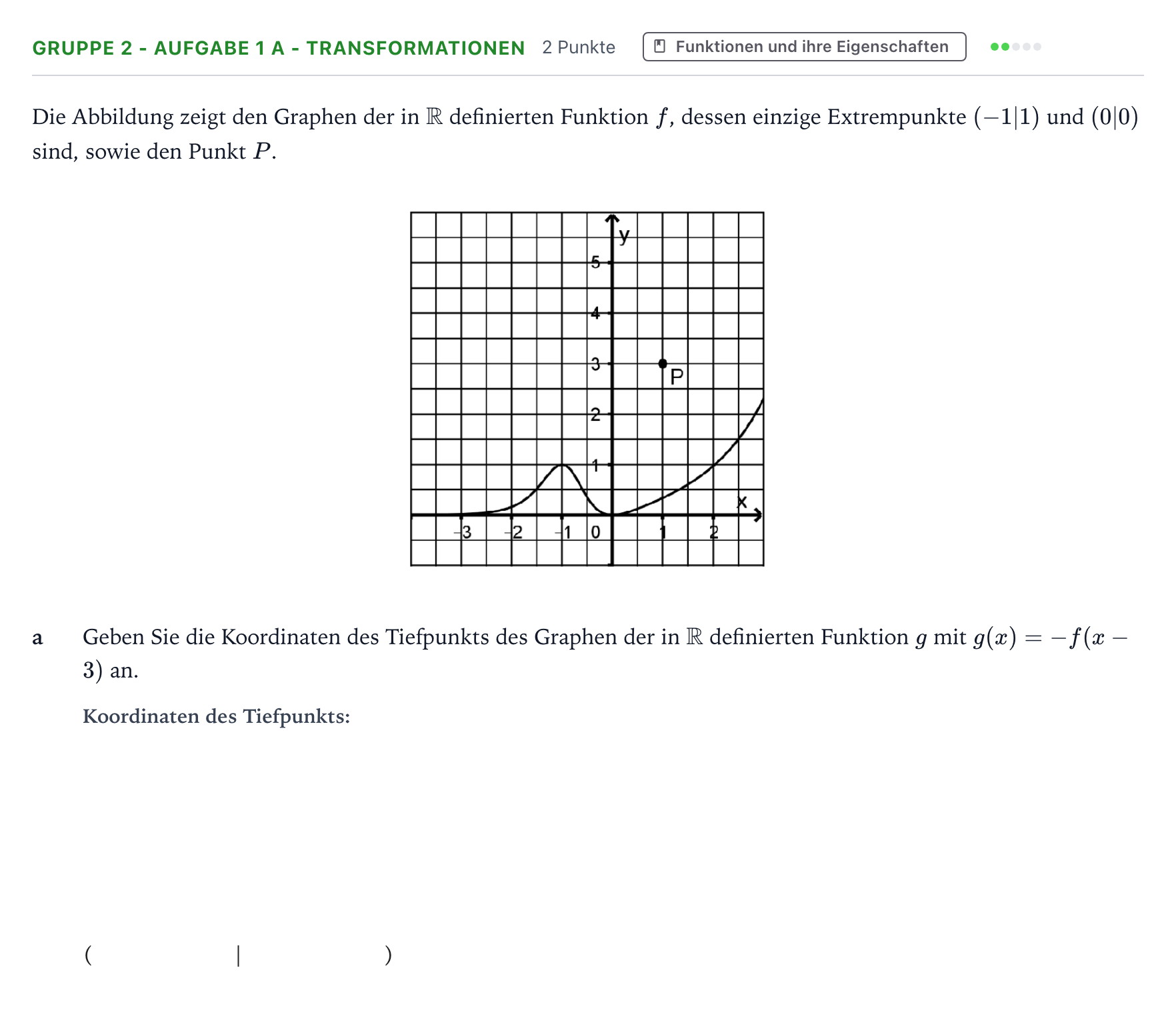 Aufgabenstellung: Aufgabe Gruppe 2 - Aufgabe 1 a - Transformationen · Abitur NRW Mathematik LK · Teil A · Analysis 2023