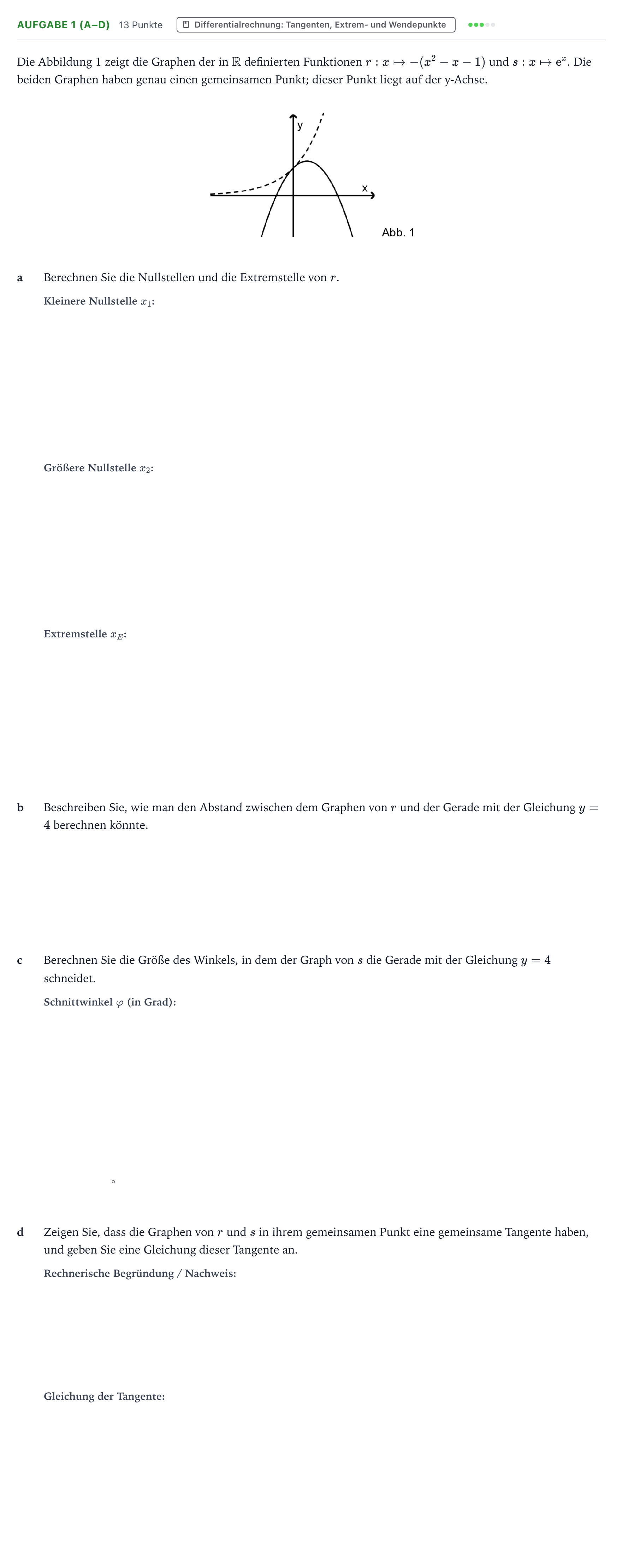 Aufgabenstellung: Aufgabe 1 (a–d) - Differentialrechnung · Abitur NRW Mathematik GK · Teil B · Analysis (WTR) 2023