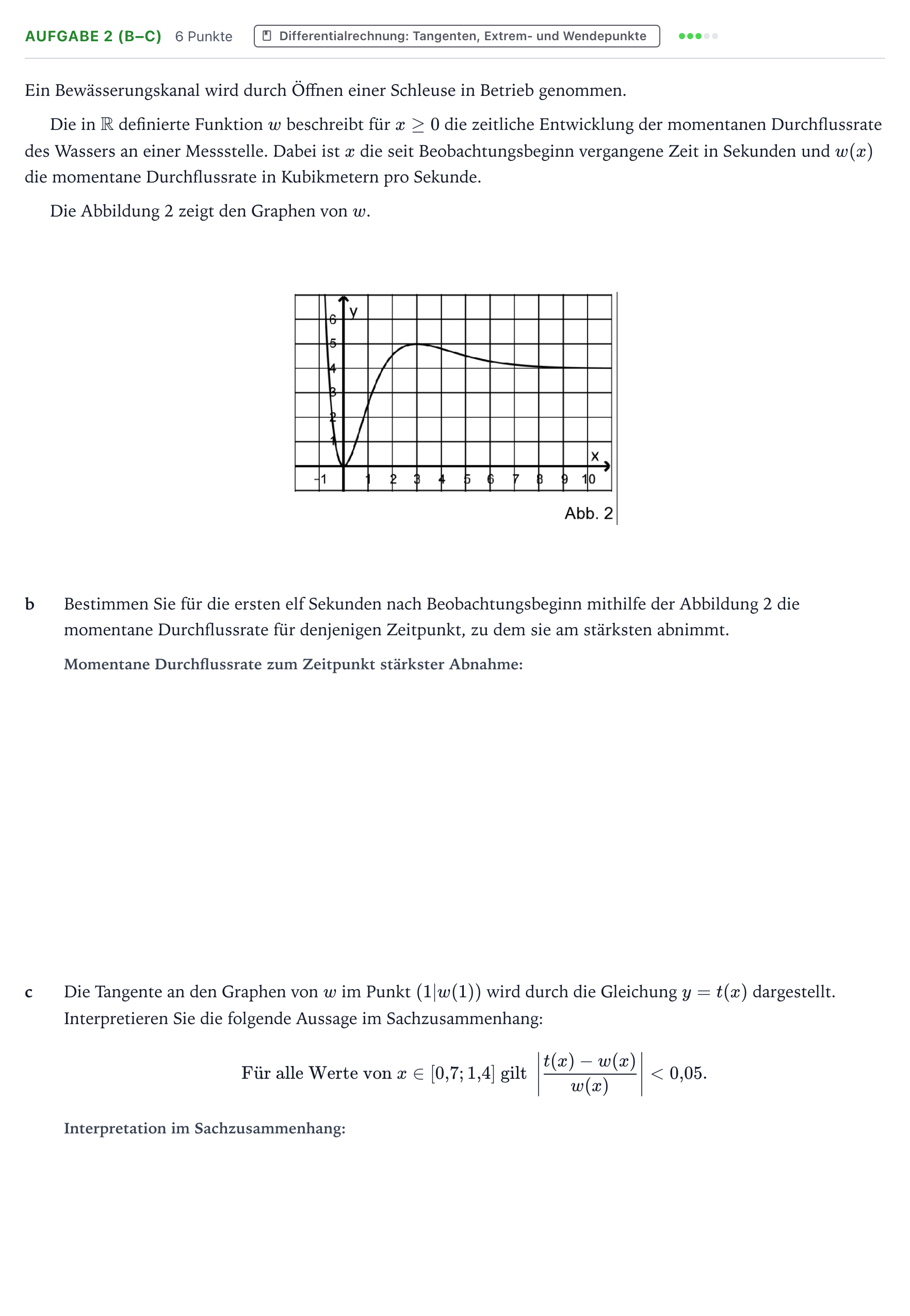 Aufgabenstellung: Aufgabe 2 (b–c) - Differentialrechnung · Abitur NRW Mathematik GK · Teil B · Analysis (WTR) 2023