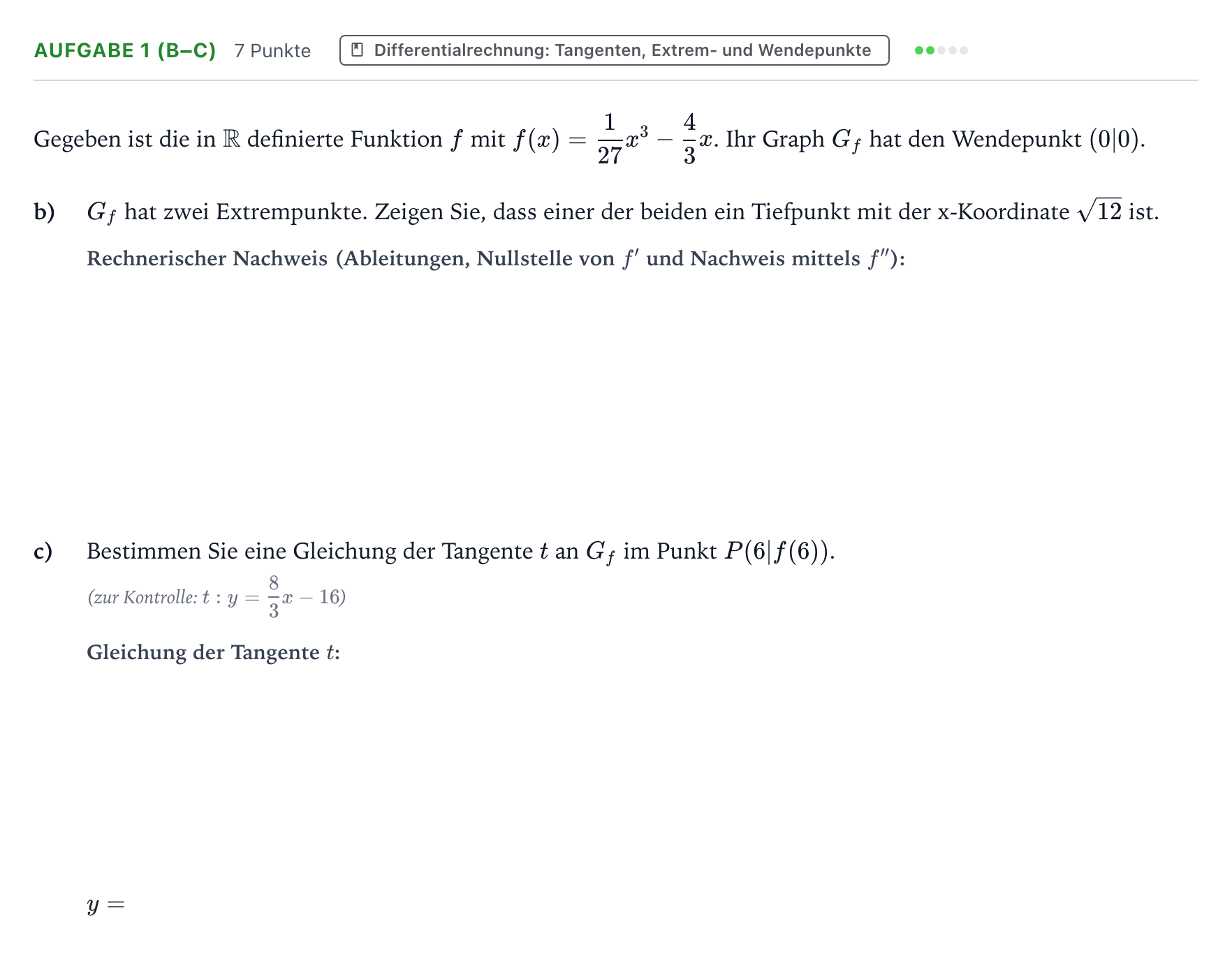 Aufgabenstellung: Aufgabe 1 (b–c) - Differentialrechnung · Abitur NRW Mathematik GK · Teil B · Analysis (WTR) 2023